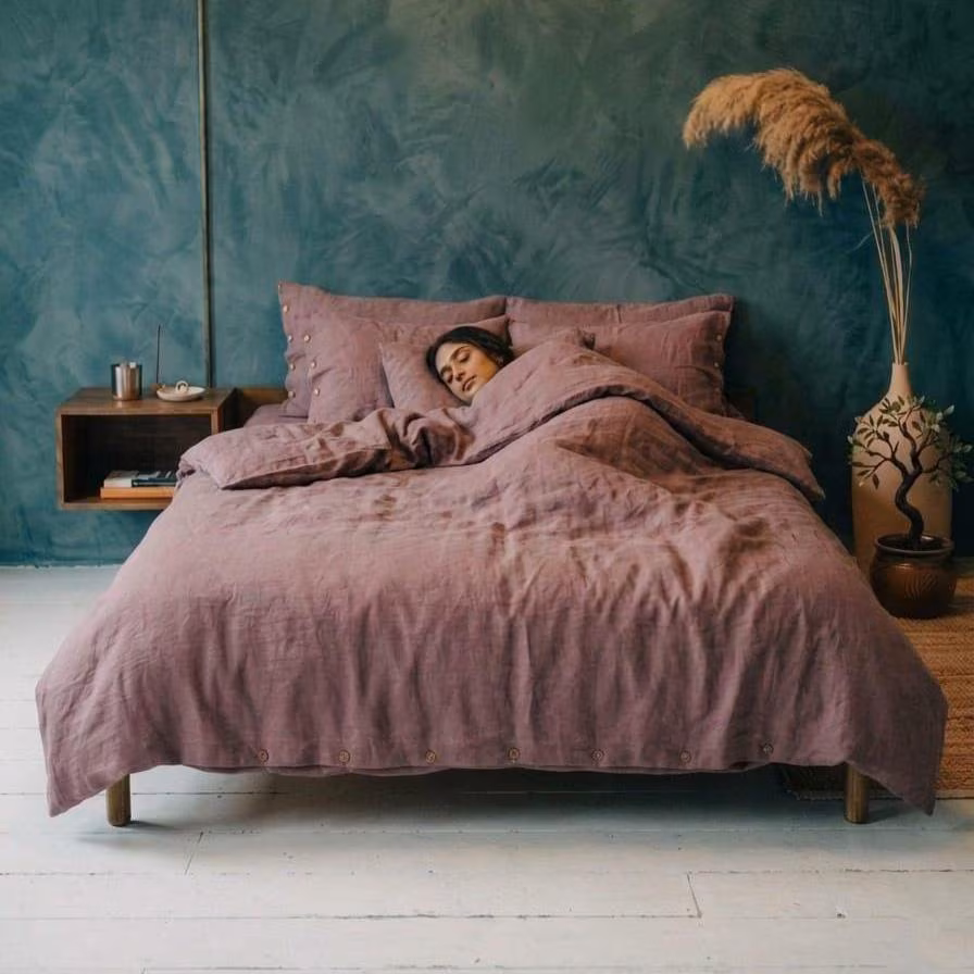 Dusty Mauve Washed Linen Duvet Cover Set, Organic Flax Bedding, Rustic Luxury Decor