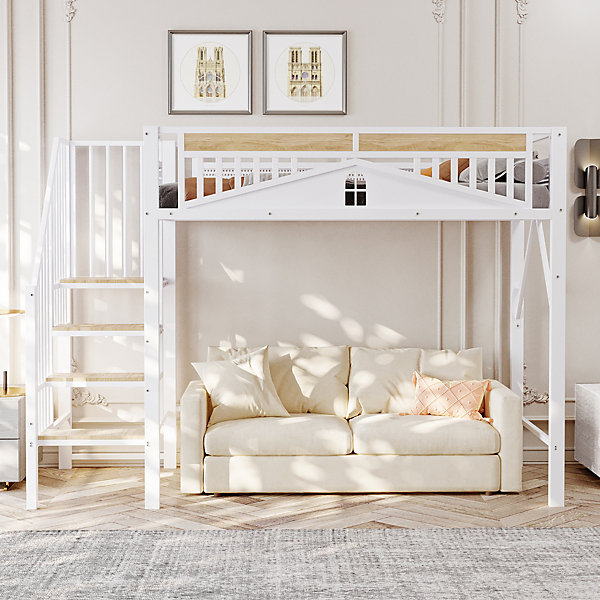 Lit Mezzanine 90x200 cm - Lit Enfant/Ado avec Escalier de Sécurité, Design Boule et Fenêtre, Métal Blanc