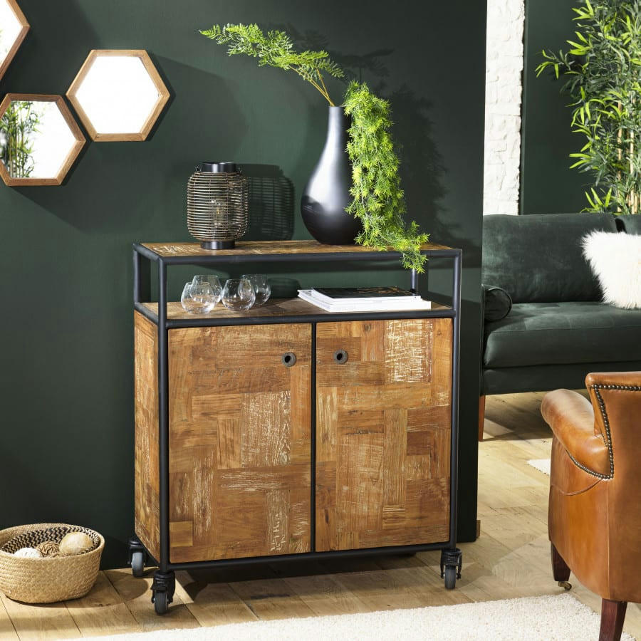 ALIDA - Buffet 2 portes 1 étagère en teck recyclé et métal noir