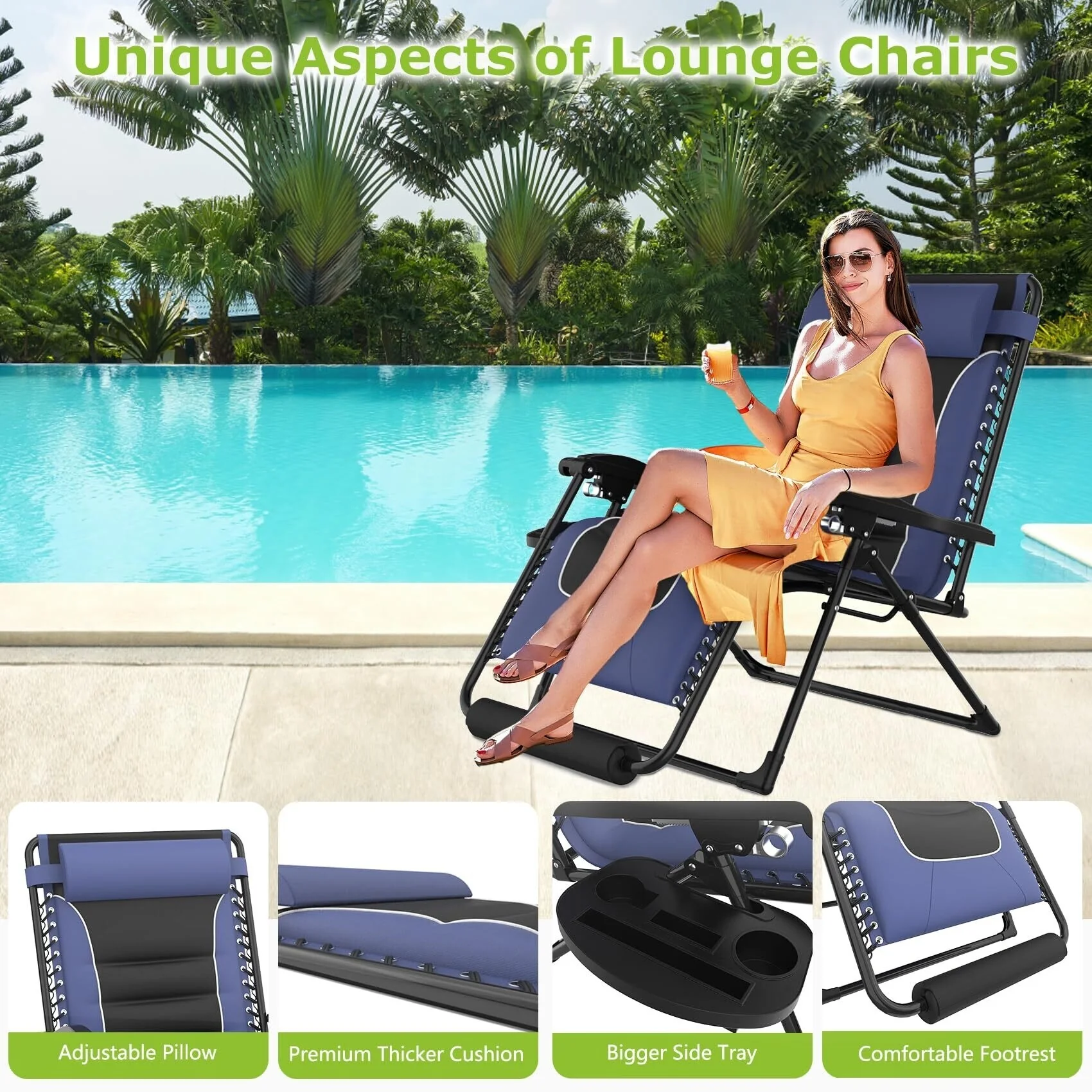 Oversized Zero Gravity Chair 29In Reclining Camping Chair w/Build-in Cushion, Outdoor Lounge Chairs Patio Recliner