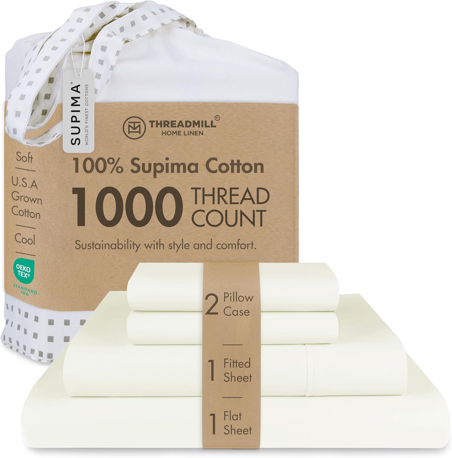 Threadmill Supima Cotton Sheets - Queen, 1000 Thread Count, 4 Piece Luxury Bedding Set, Hotel Quality Sateen Weave, Ivory with Elasticized Deep Pocket