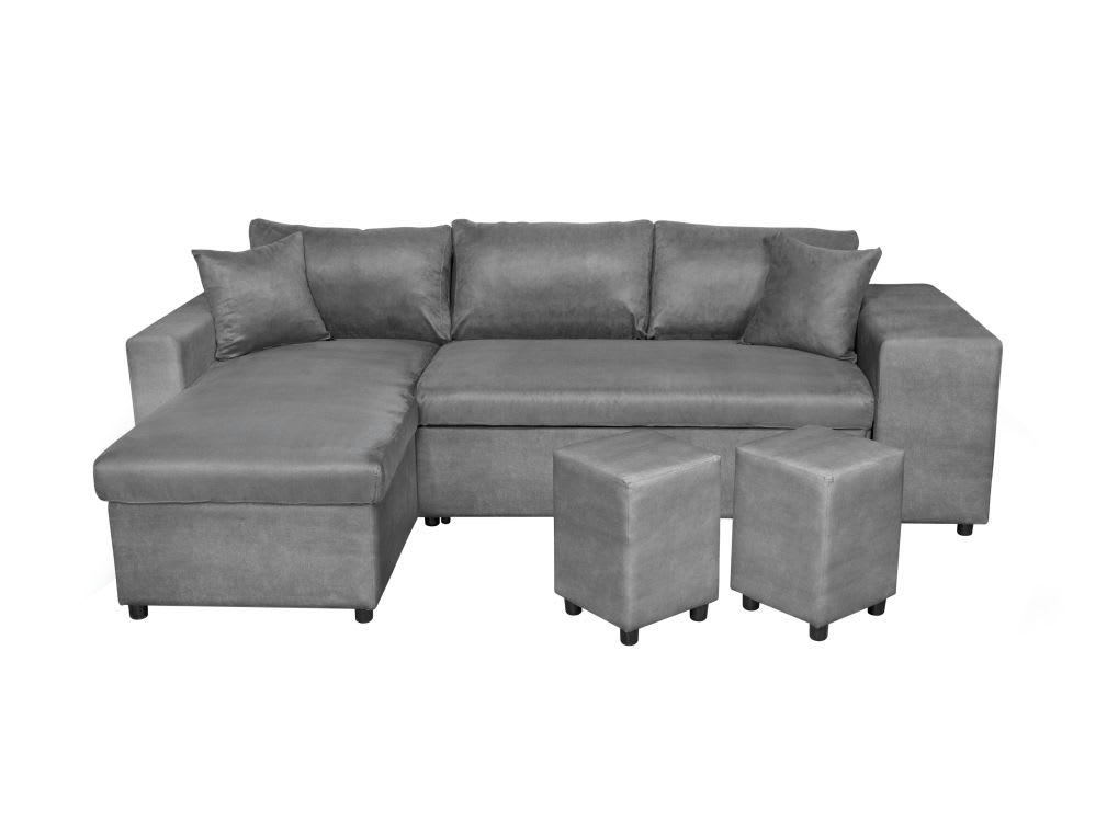 OSLO - Canapé d'angle gris convertible avec rangements poufs à droite