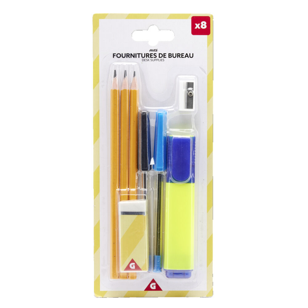 Fournitures de bureau 8 pièces crayon papier/gomme/stylo/surligneur/taille-crayon