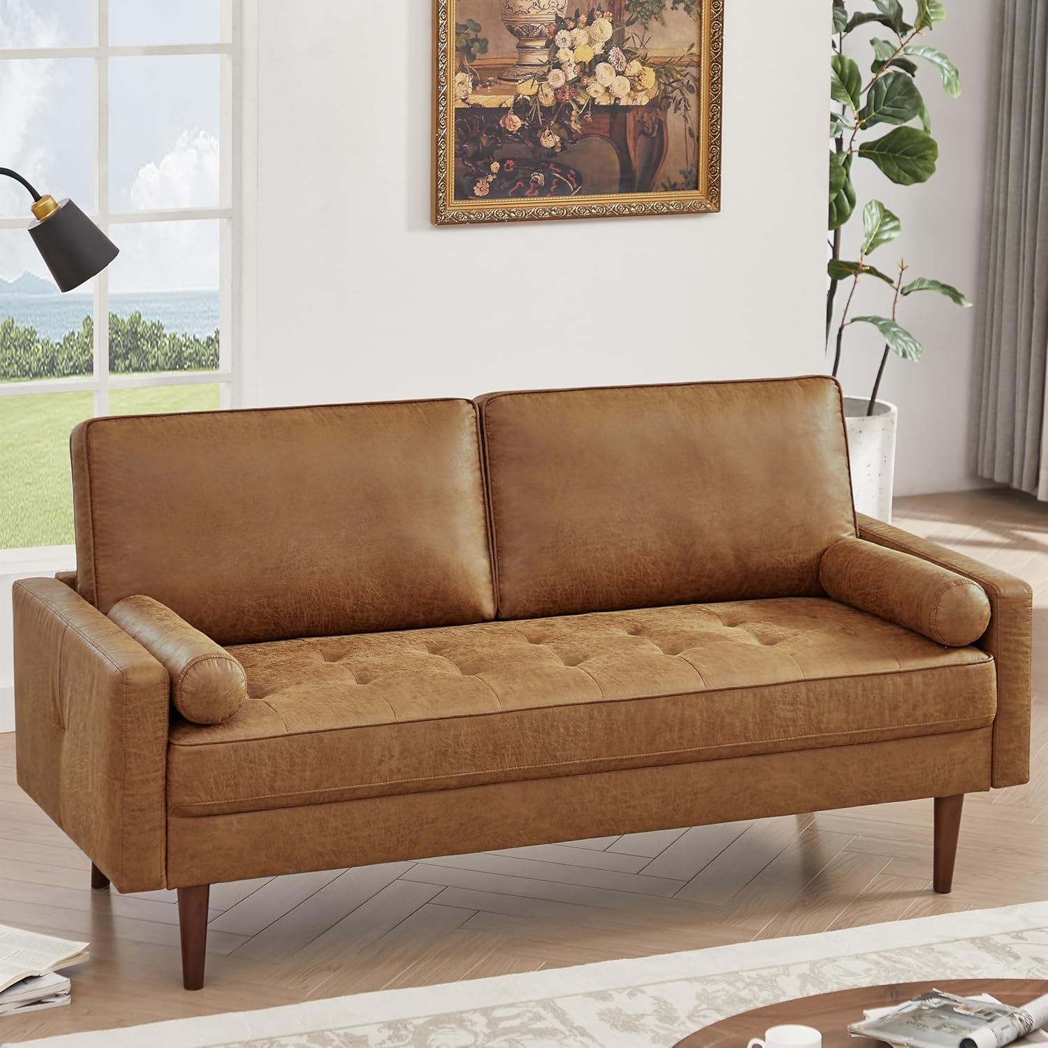 HIFIT 58 Loveseat Sofa Couch, Mid Century Modern Faux Leather Couch with Hand-Sewn Deep Love Seat & 2Pillows, Home Sofa Living Room Small Couches for Small Space,Bedroom,Office,Solid Wood Frame,Brown