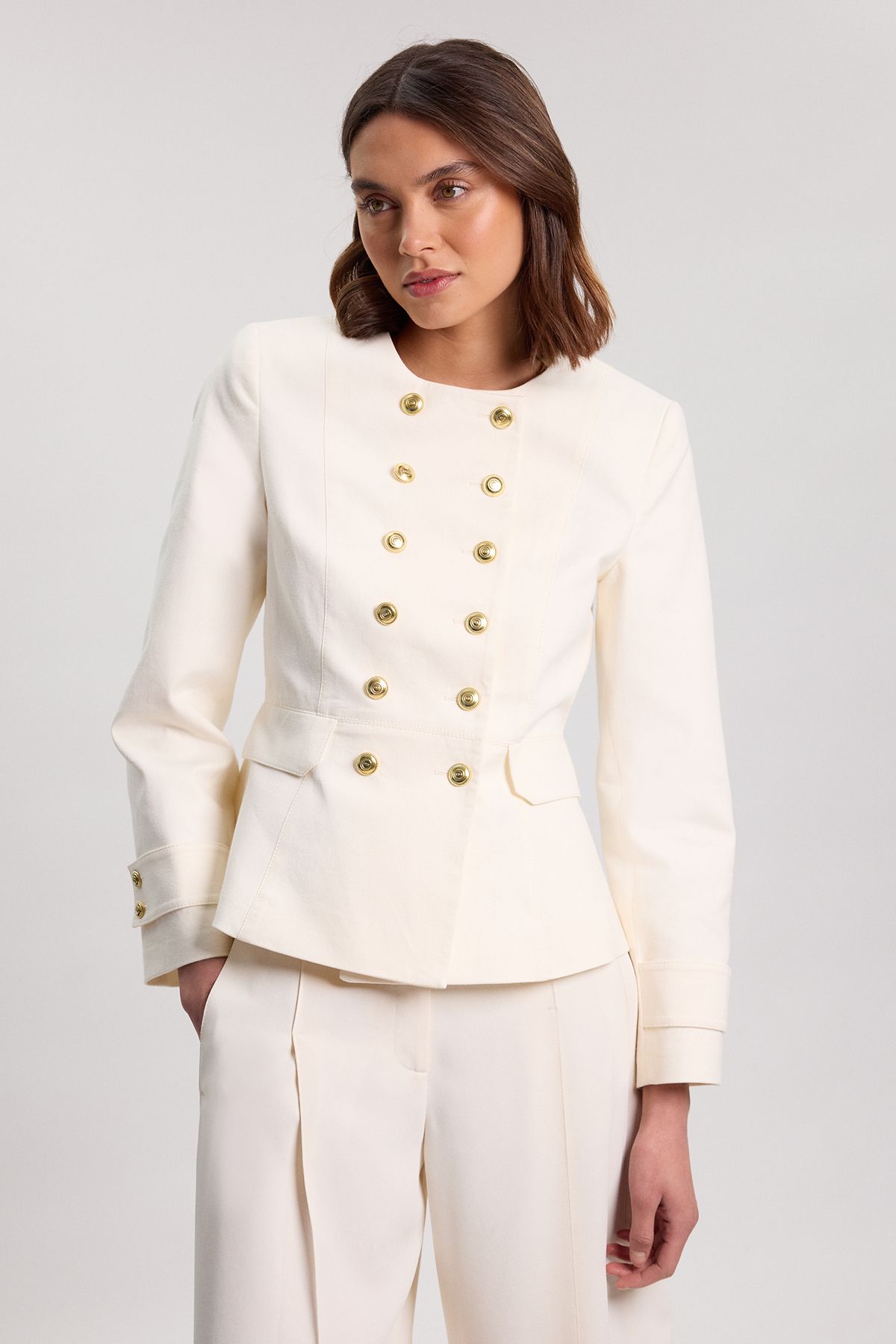 KarenMillen Cotton Tailored Button Detail Peplum Blazer