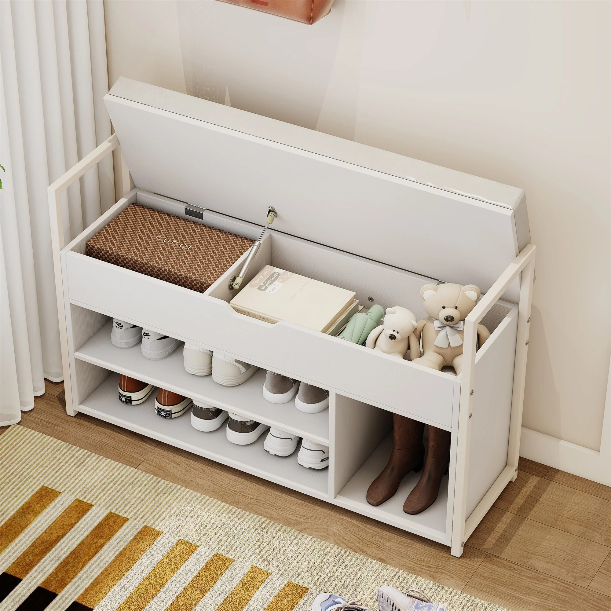 39 Wood Shoe Storage Bench with Cushion and Lift-Top Storage Box