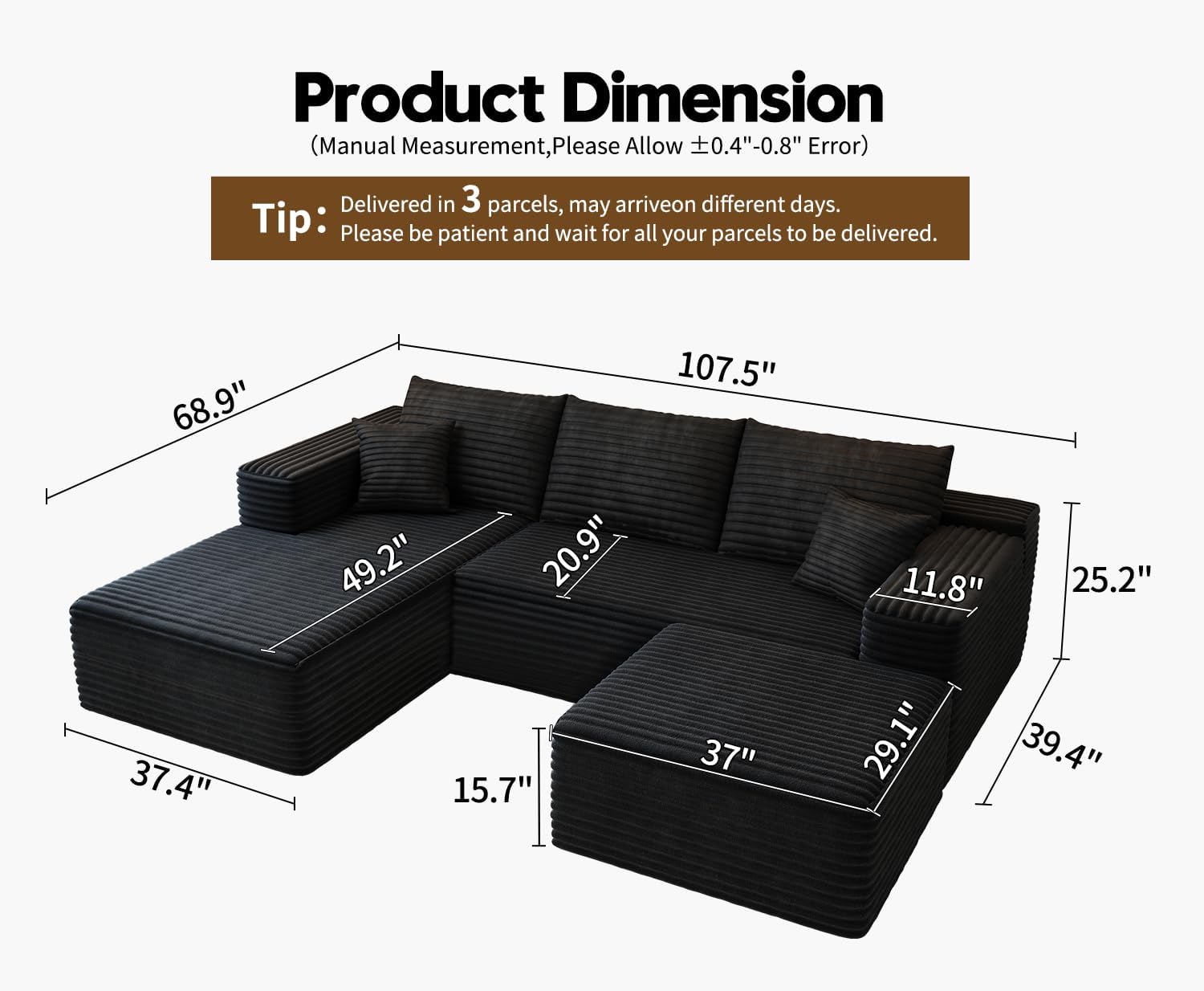 107.5 Cloud Modular Sectional Sofa with 1 Ottoman,Modern Minimalist Upholstered Couches, Comfort U Shaped Sofa for Living Room,Deep Seat Corner Couch，No Assembly Required (Black,Left Facing Chaise)