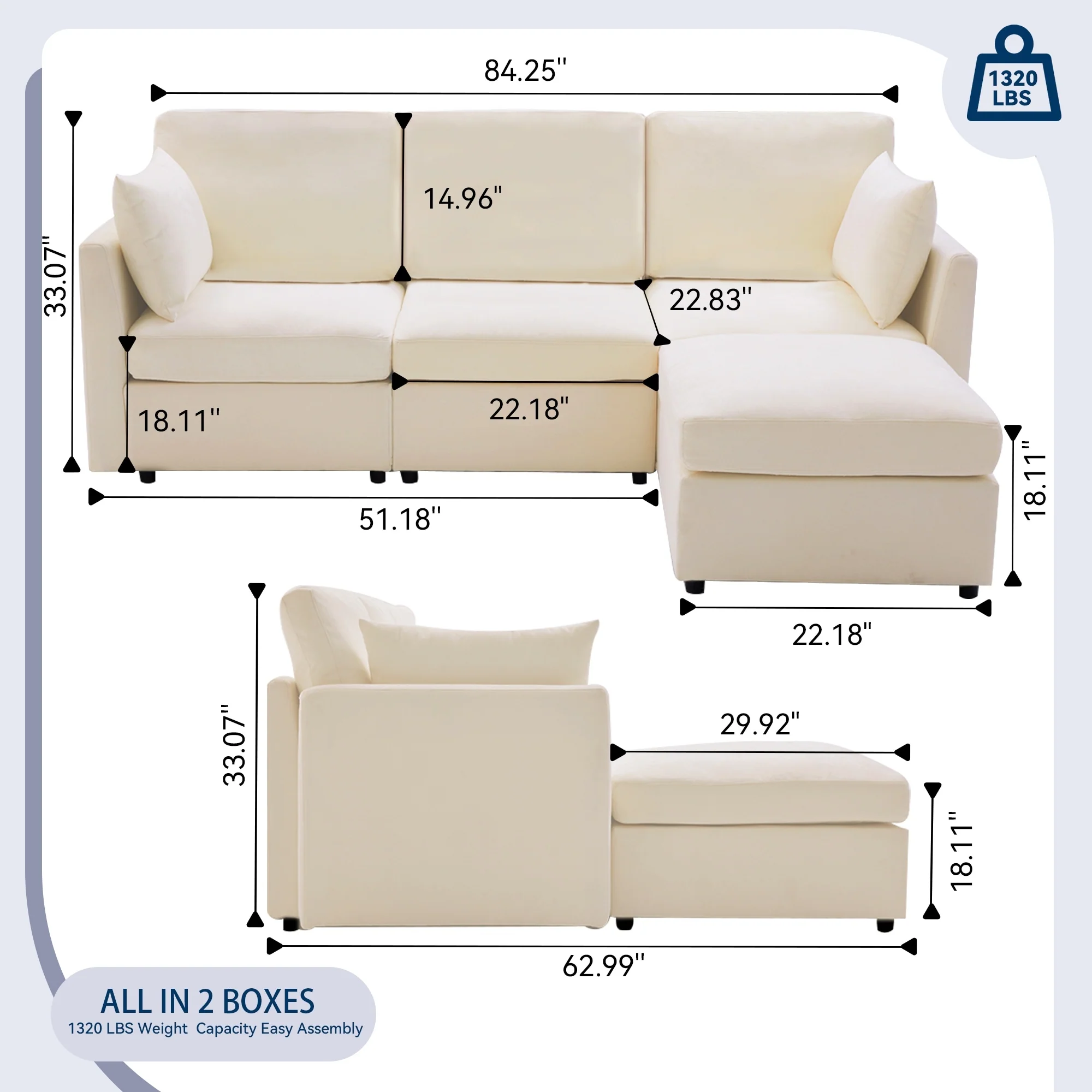 83.86 Chenille 4-Seater Convertible L-Shaped Sectional Sofa