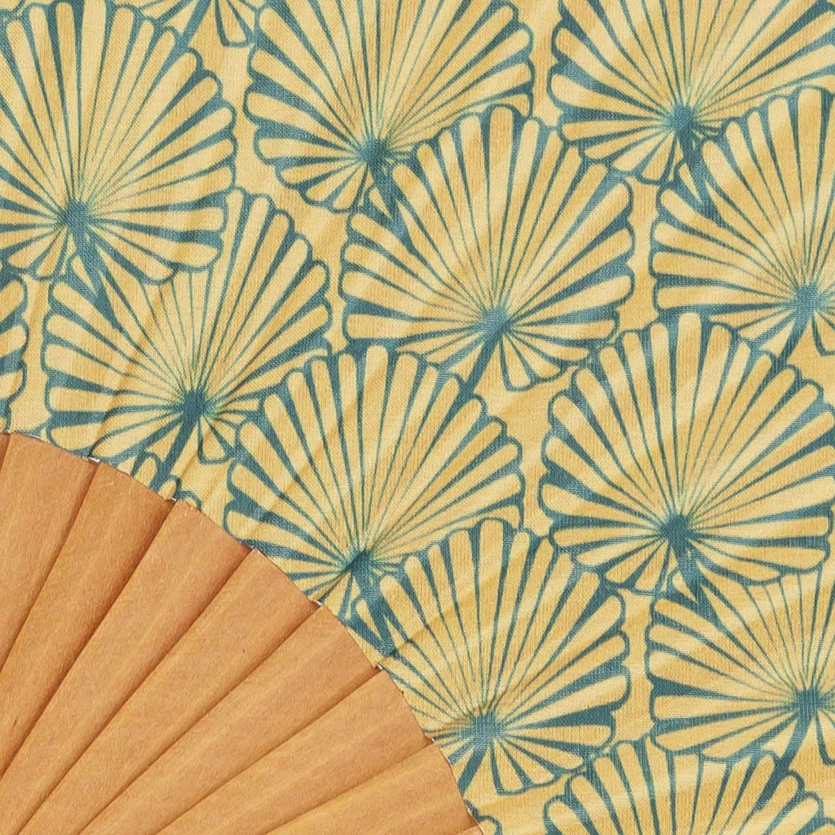 TROPICAL - Éventail en bois de merisier et coton imprimé graphique doré