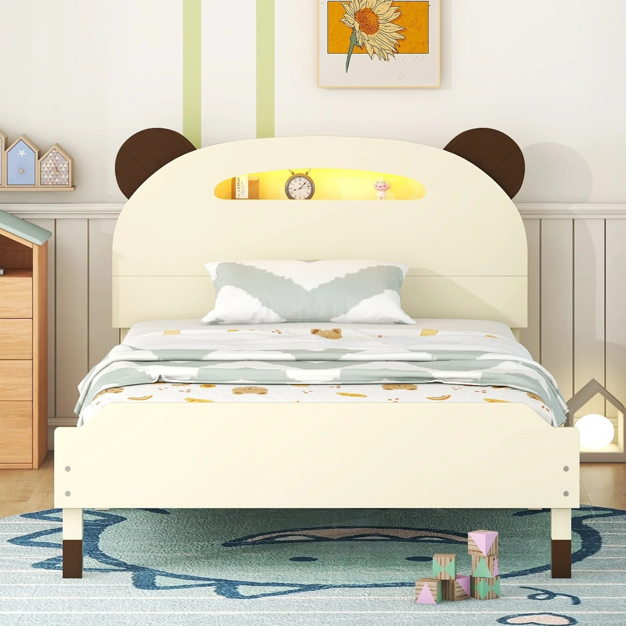 Fun Bear-Shaped Twin Bed with Motion Sensor Night Light and Sturdy Pine Frame