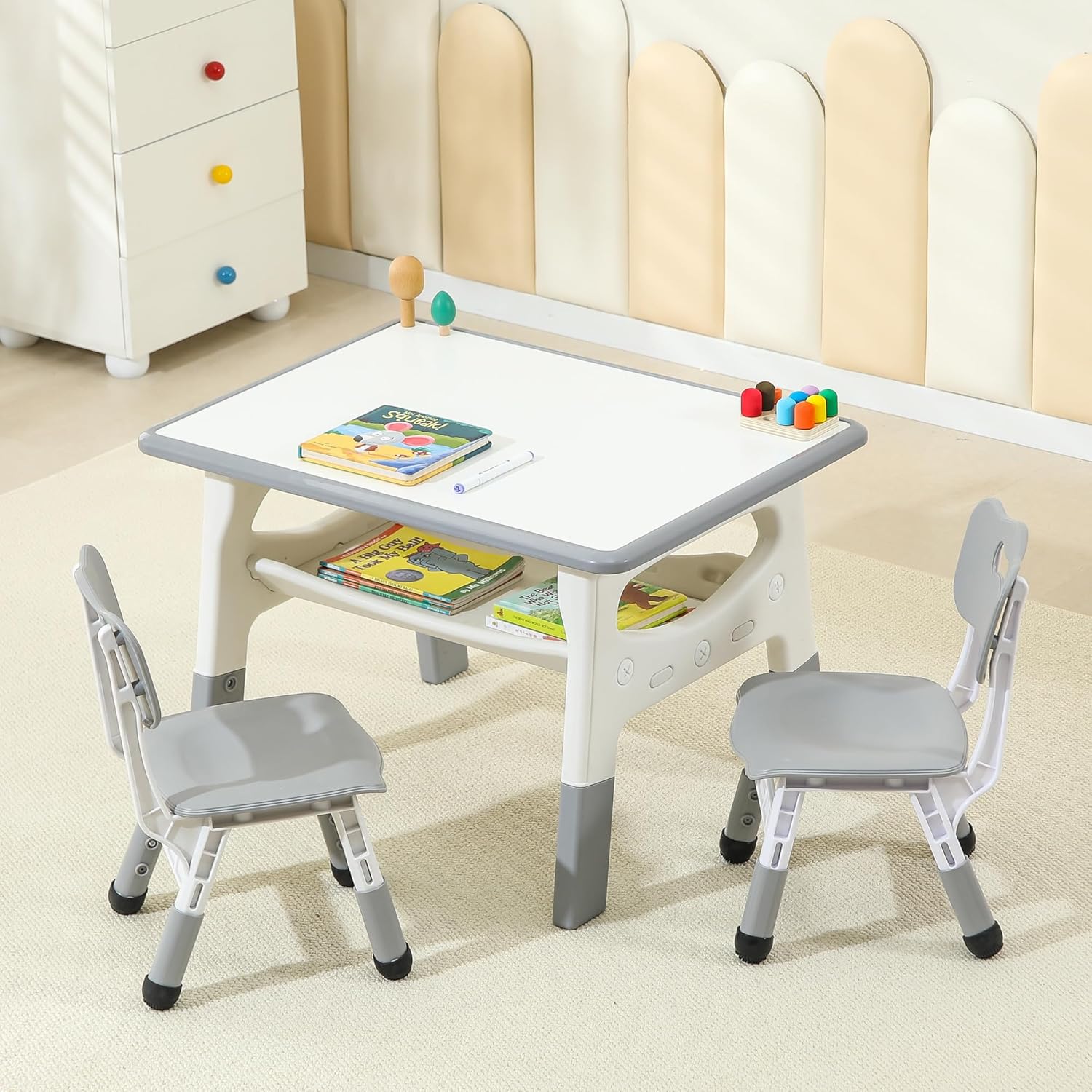 Toddler Table and 2 Chairs, Kids Multi-Activity Table with Graffiti Desktop, Height Adjustable Kids Table and Chair Set, Ages 3-8