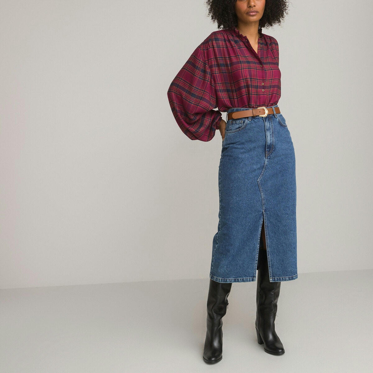 Chemise large à carreaux, col Mao volanté