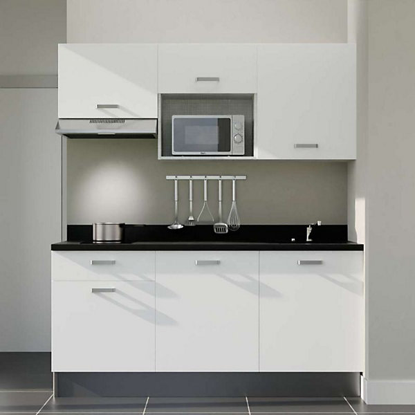 Kitchenette K30 - 180 cm - façades Blanc - Plan monobloc en quartz coloris Nero évier à droite - Electroménager Inox