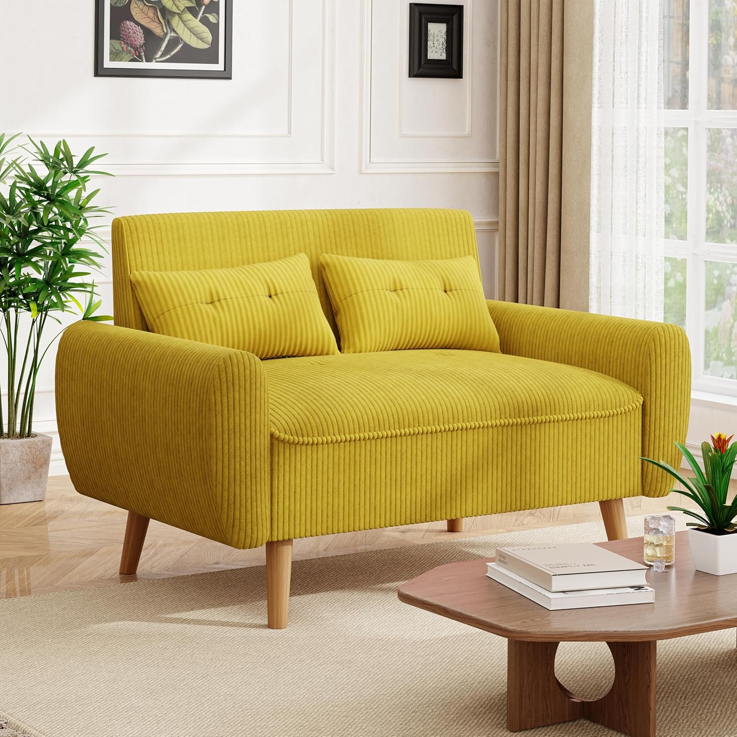 JAMFLY 47'' Small Loveseat Sofa, 2 Seat Compact Couch with Tapered Legs, Yellow Upholstered Furniture, Solid Wood Frame, Comfy Foam Cushion, Easy Assembly for Small Spaces