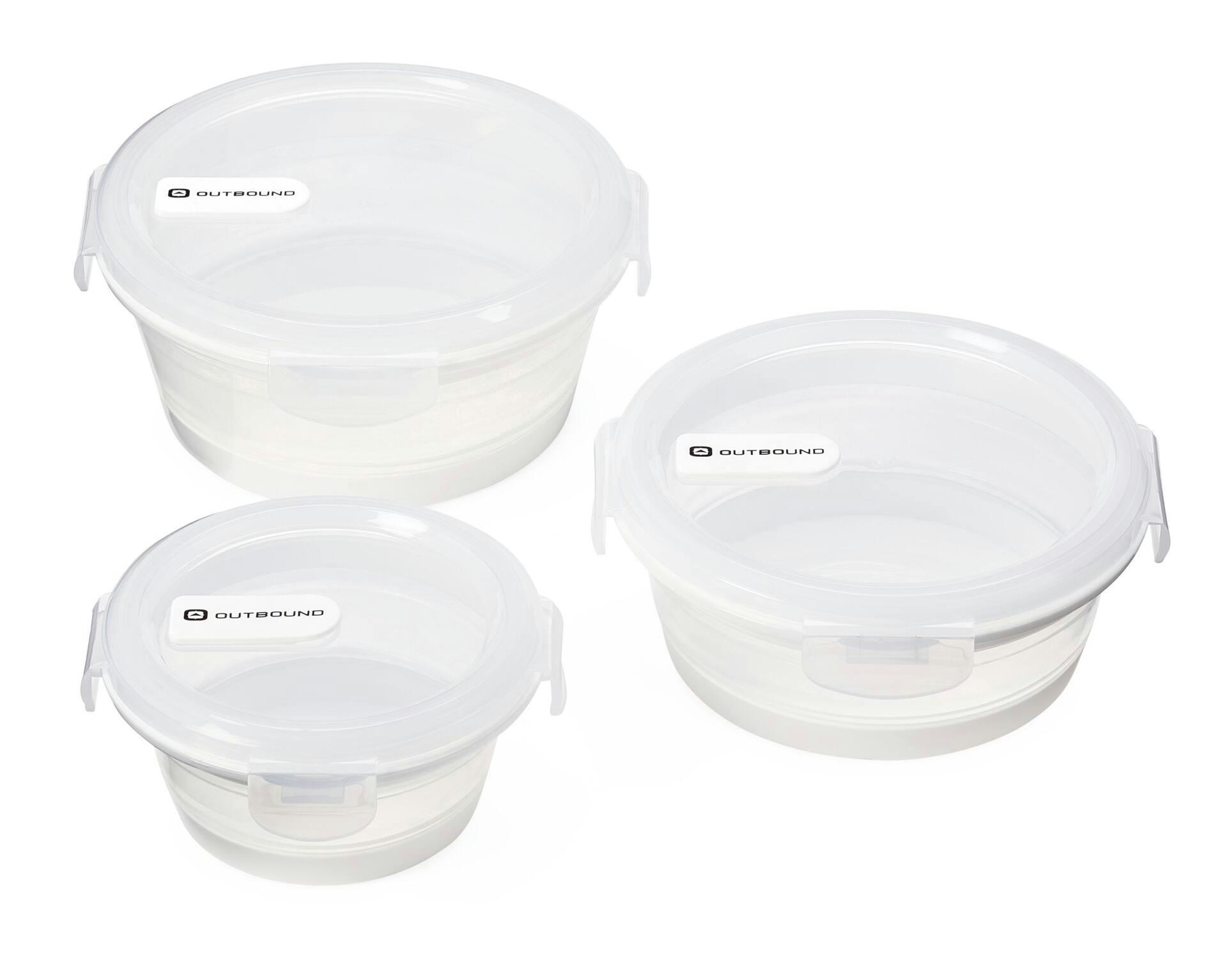 Outbound Round Collapsible BPA-Free Silicone Food Storage Container Set with Leakproof Lid, White, 3-pk
