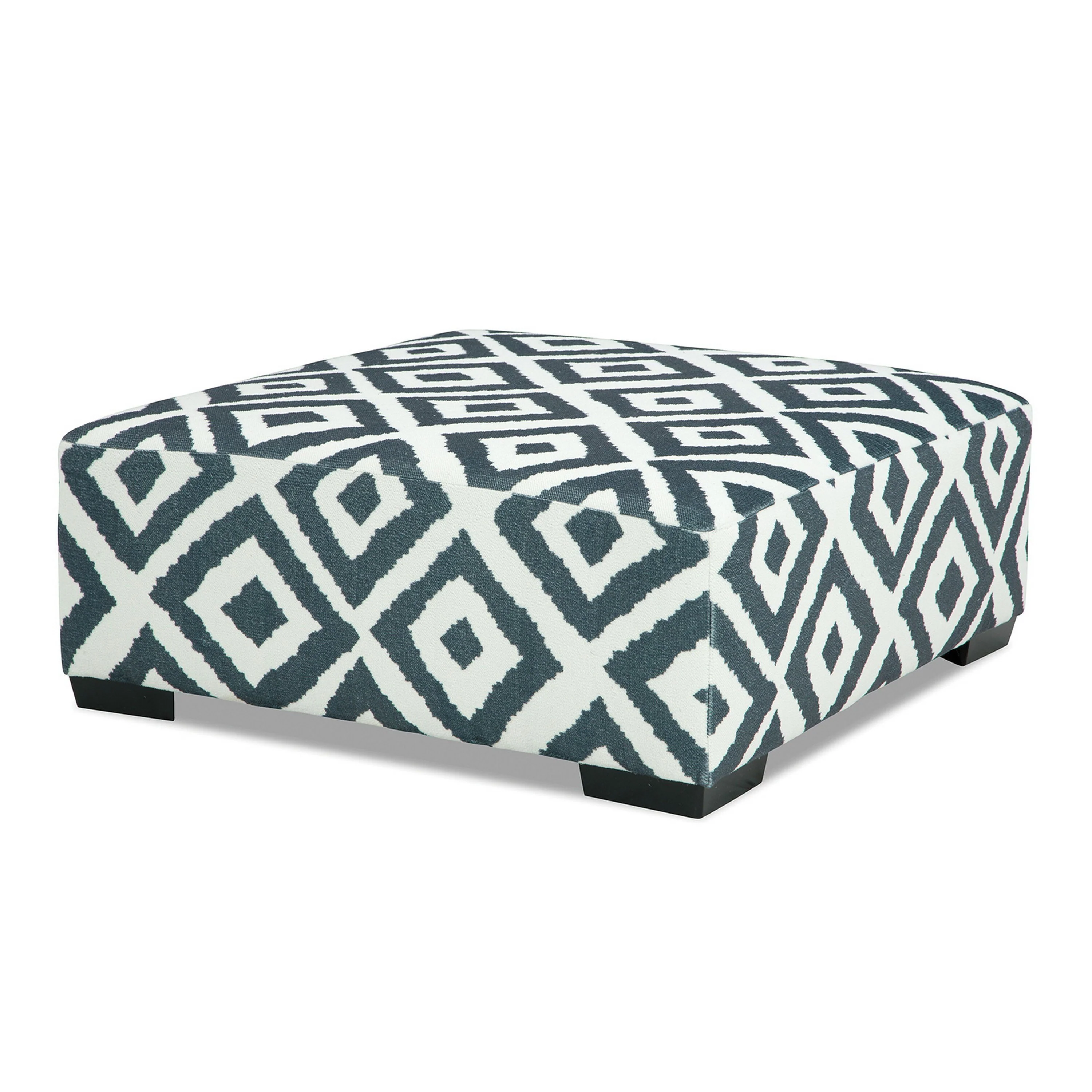 Laila Ottoman, Geometric Design, 41 Inch Dark Gray and Ivory Chenille