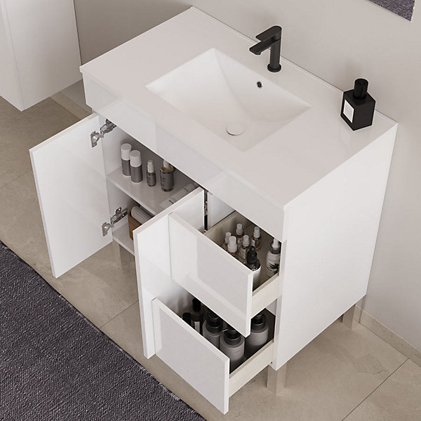 Meuble sous vasque seul, 2 tiroirs et 2 portes, 80cm, simple vasque - blanc brillant - HARO