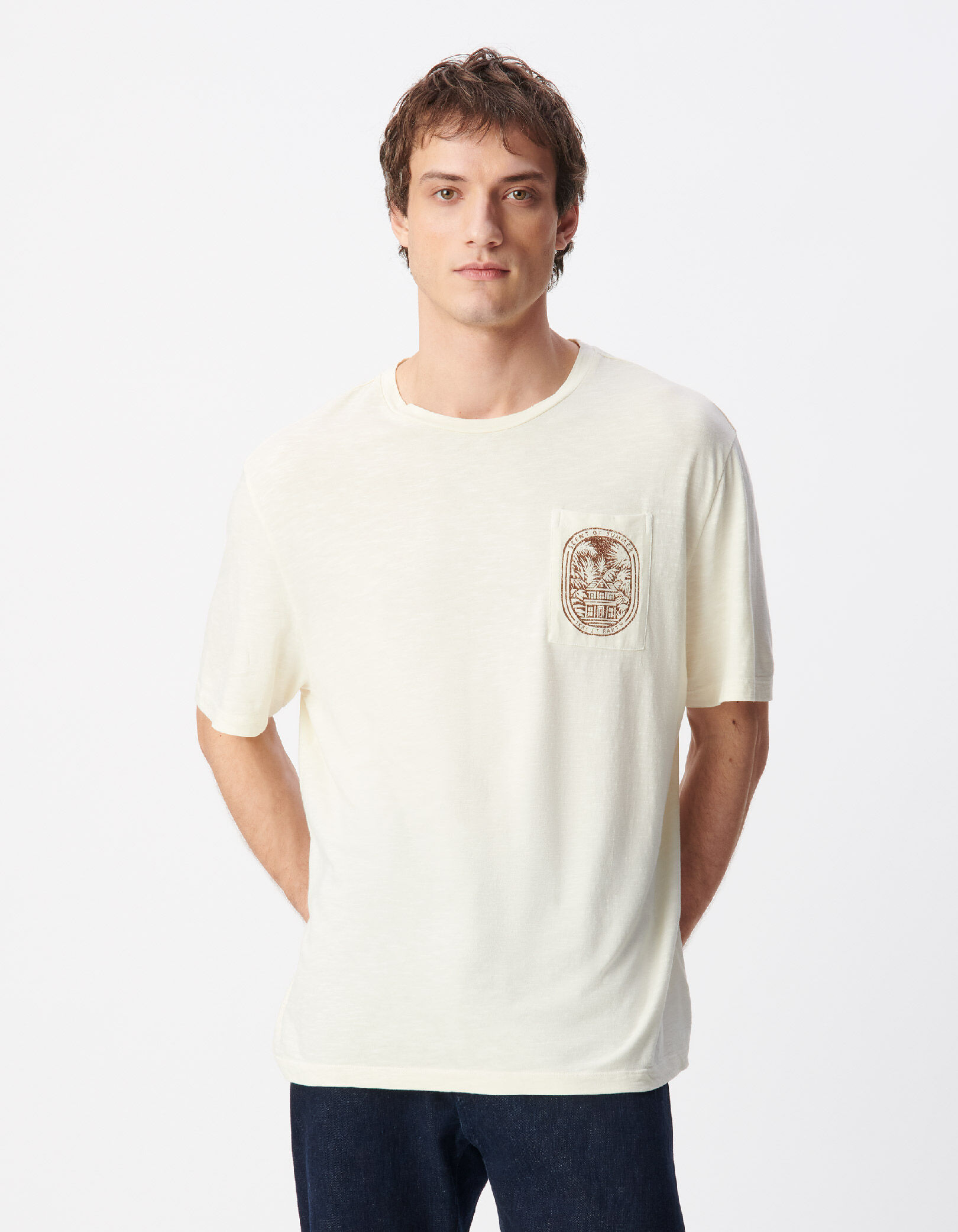T-shirt col rond beige coton bio poche visuel Homme
