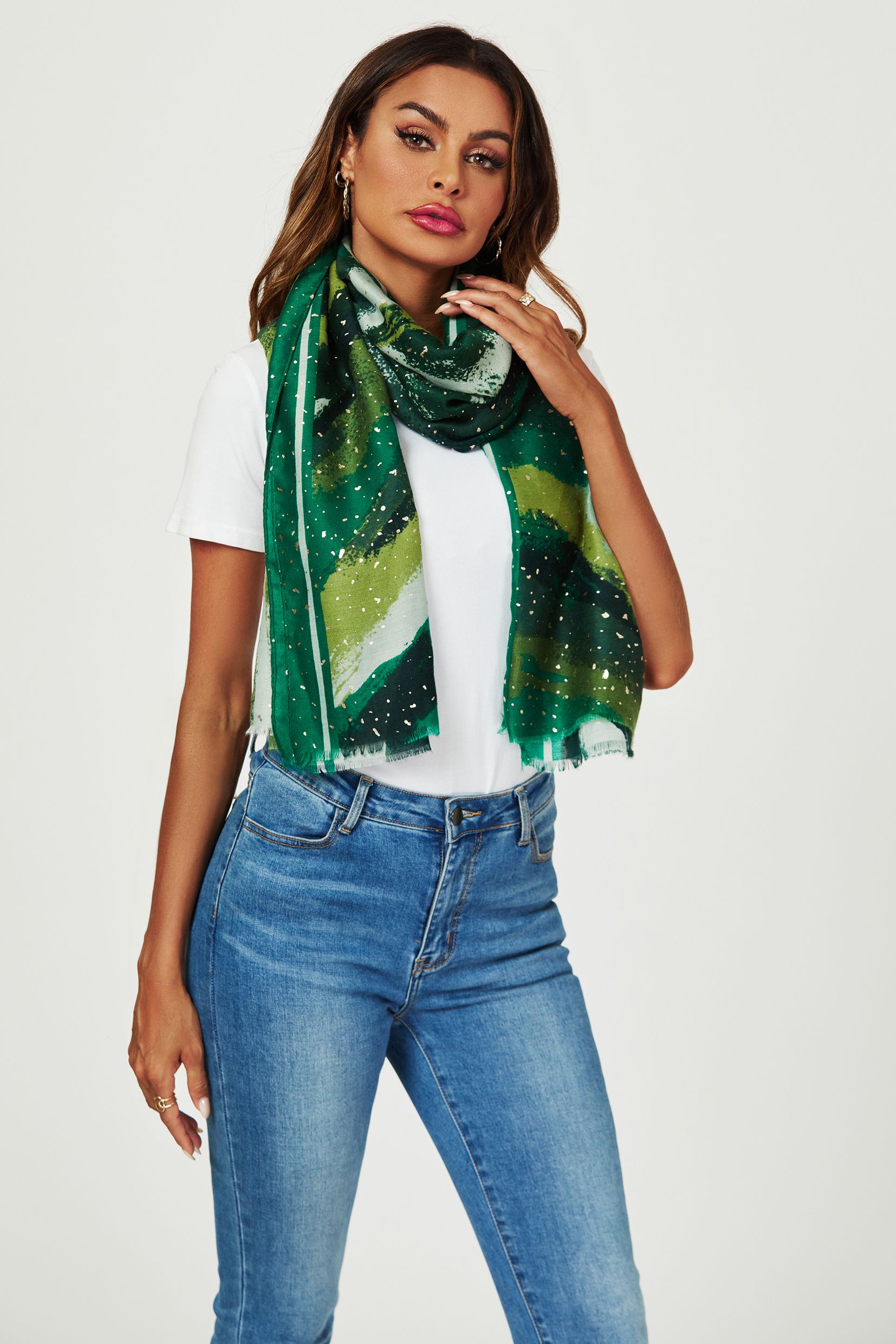 FS Collection Gold Foil Abstract Brush Print Fringed edges Scarf In Green