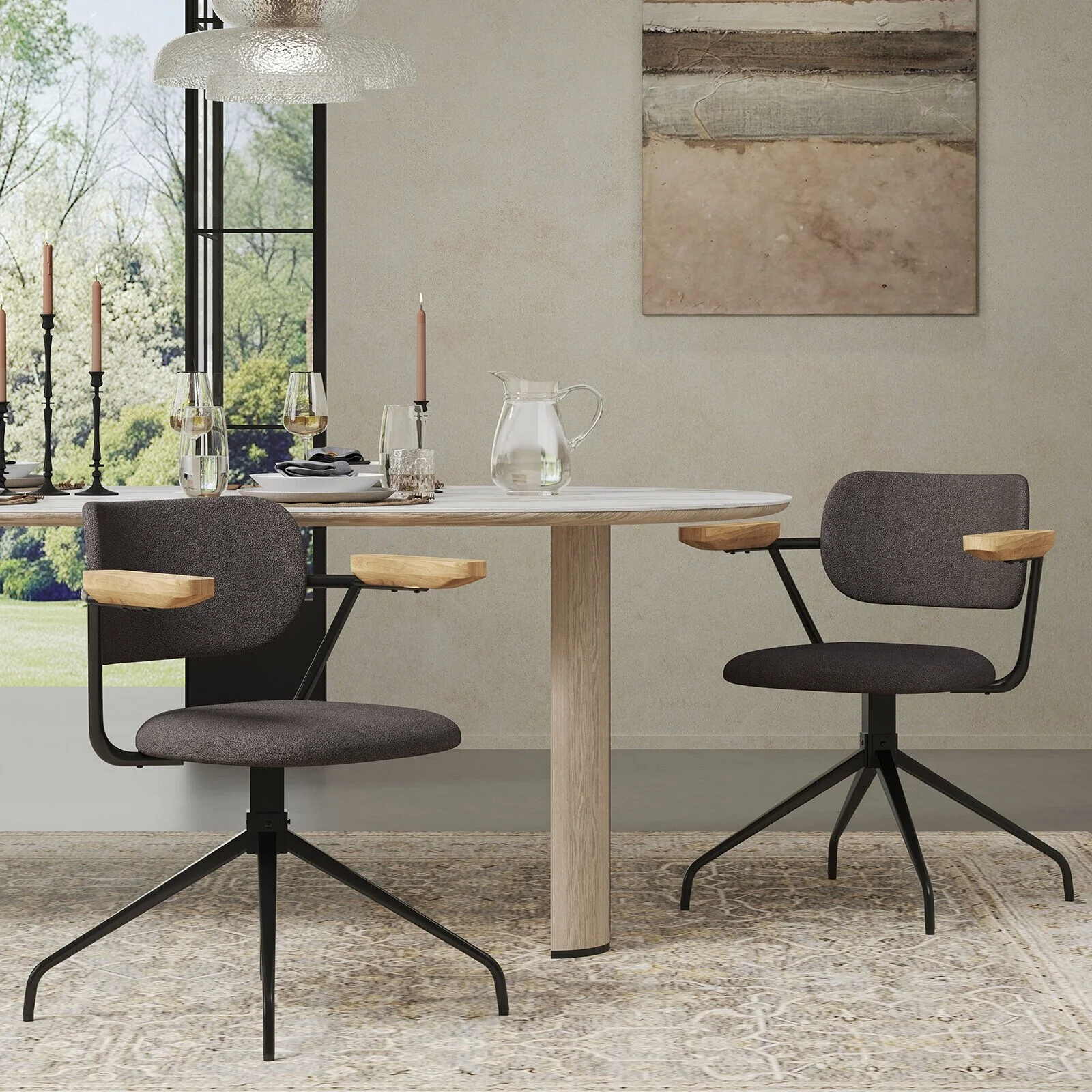 Modern Upholstered Swivel Chair With Solid Wood Arms And Metal Frame