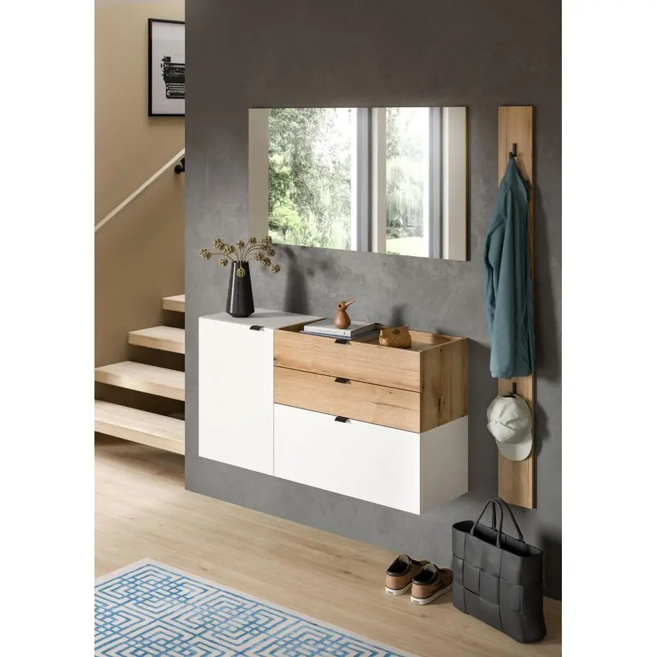 Hioshop Naro dressoir wandgemonteerd 1 deur- 1 vouwdeur- 1 plank- 2 lades wit