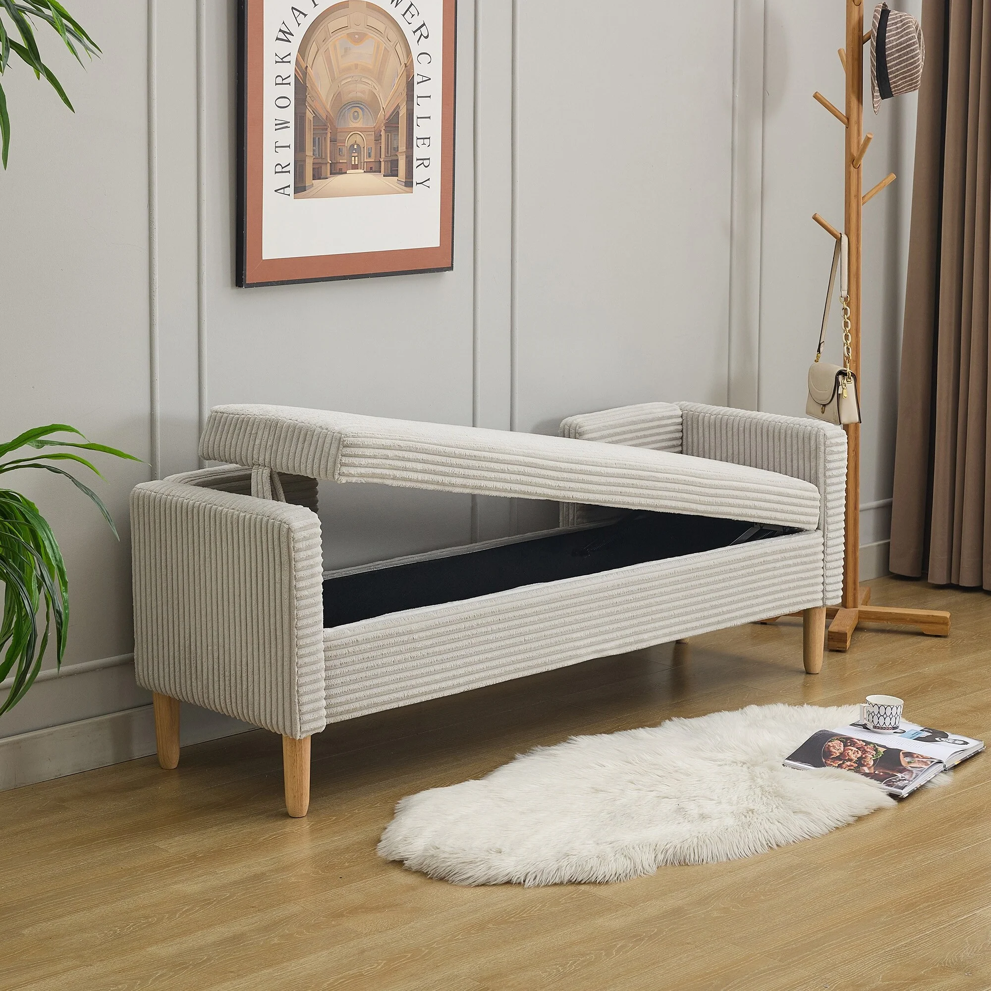 65.35Wide Corduroy Storage Soft Bench with Armrests