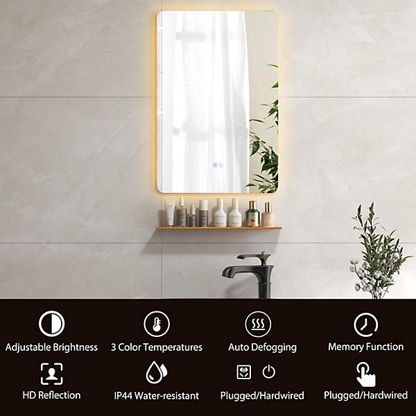Miroir Mural de Salle de Bain,Lumineuses, 2 Boutons Tactiles, Mode d'éclairage Réglable, Désembuage, 70 x 50cm (Rectangulaire)
