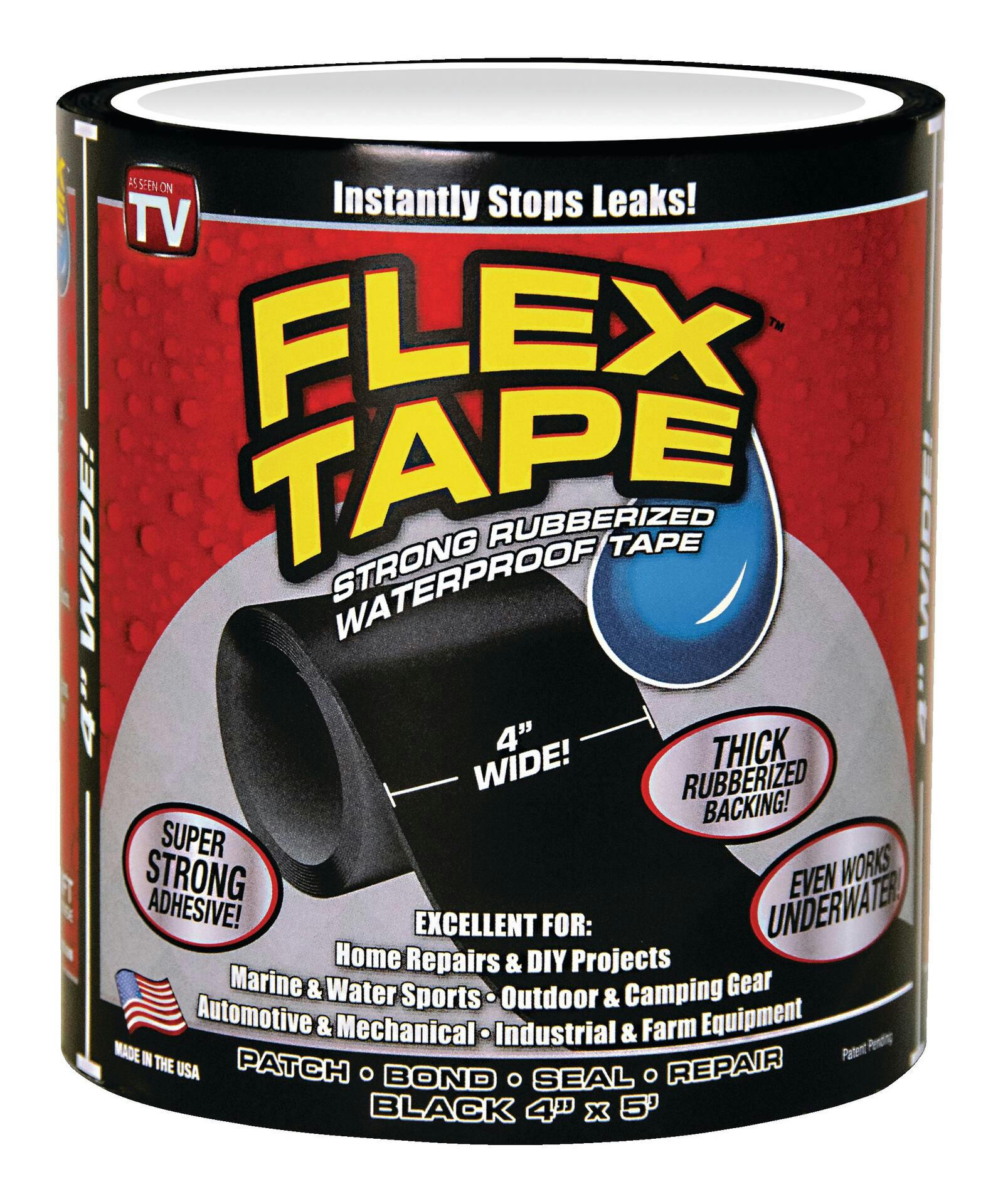Flex Tape Rubberized Waterproof Adhesive Tape, Seals & Repairs Leaks, Black, 4-in x 5-ft