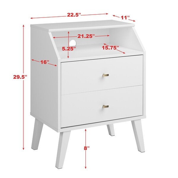 Prepac Milo Mid-Century Modern 2 Drawer Nightstand With Angled Top, Bedside Table, Contemporary Bedroom Furniture
