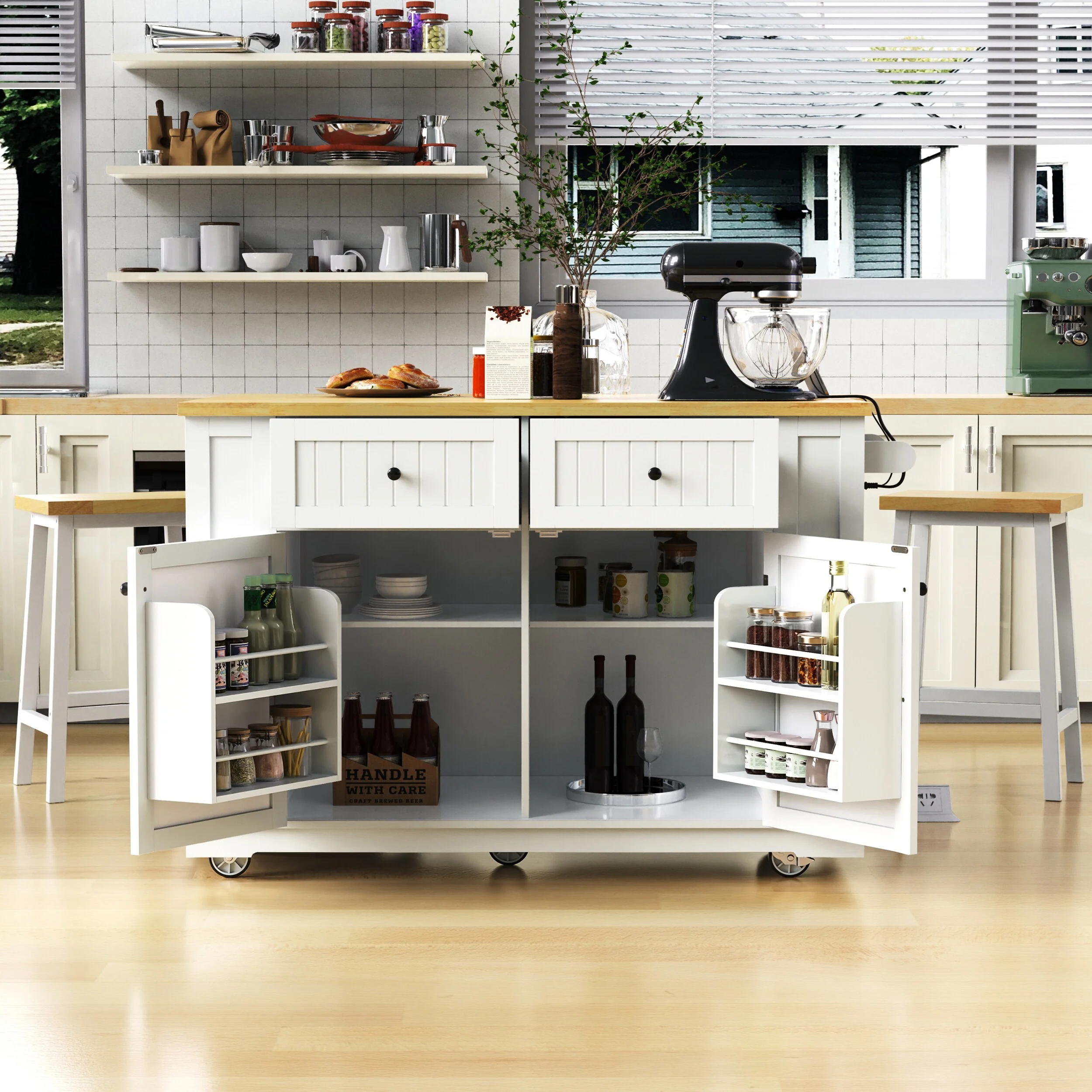 Kitchen Island Cart on Lockable Wheels, Mobile Island Table with Drop Leaf, Power Outle, 5 Open Side Racks & 2 Drawers