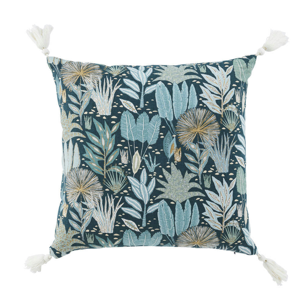 GRIMAUD - Coussin en coton et lin imprimé bleu canard, bleu vert et bleu gris avec pompons écrus 45x45