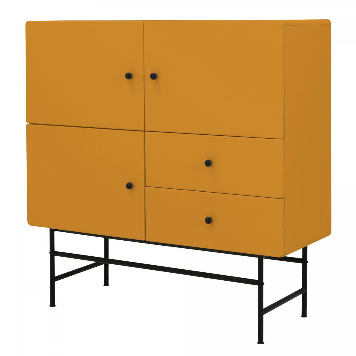 CHUCK - Buffet haut moderne en bois et métal 3 placards 2 tiroirs moutarde