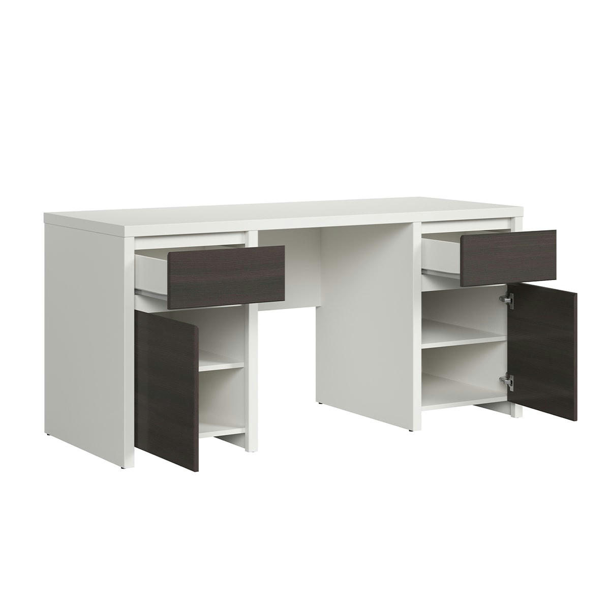 - Bureau 2 portes 2 tiroirs panneaux agglomérés blanc et naturel foncé