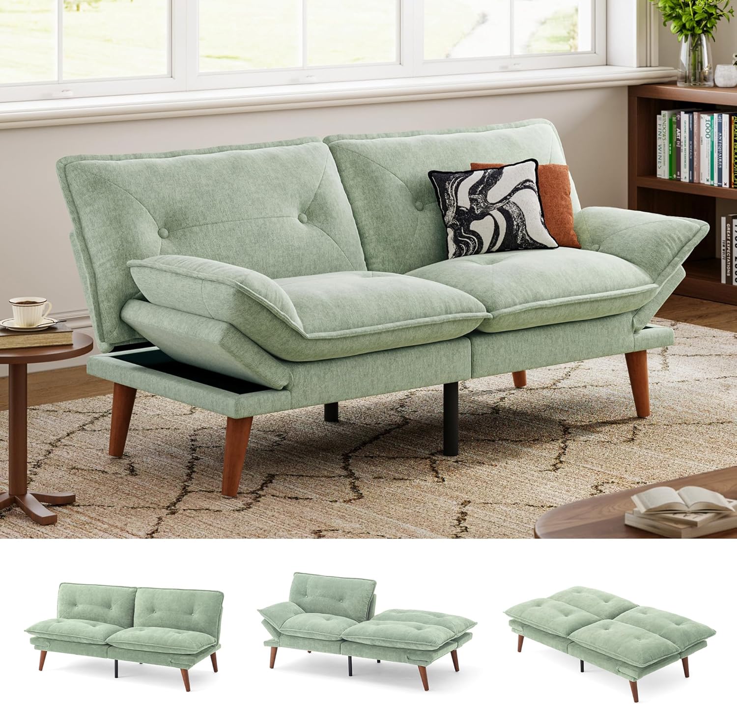 LINSY HOME Futon Sofa Bed, 70 Chenille Futon Couch with Adjustable Backrest Armrest, 3 in 1 Convertible Comfy Loveseat Sleeper Sofa Bed for Small Spaces Dorm Room Apartment Home Office, Light Green