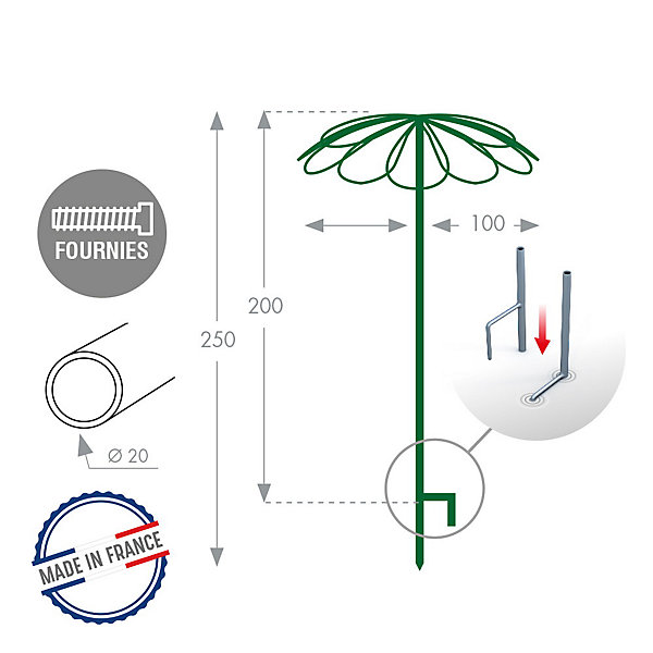 Louis Moulin Tuteur parapluie 9 pétales fer vieilli - 100x250 cm - Acier époxy