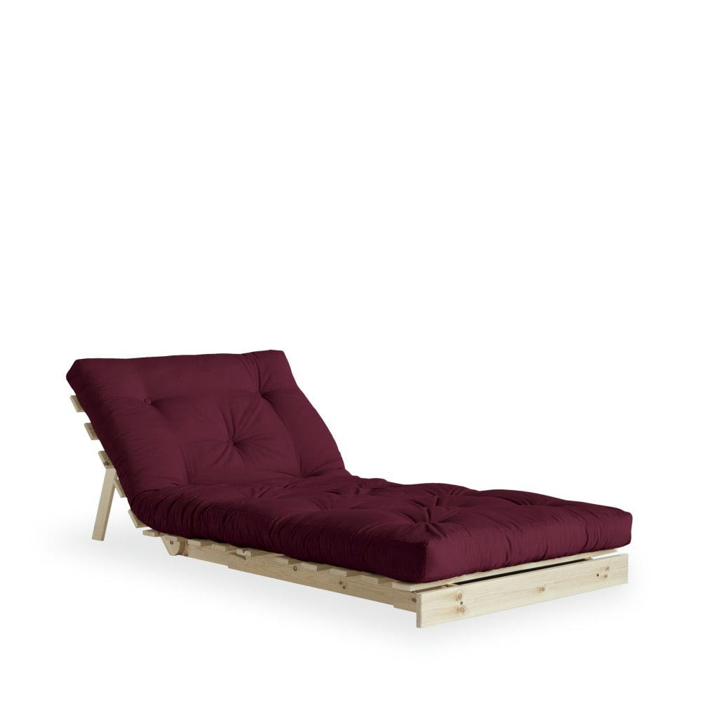 ROOTS - Fauteuil convertible 90x200cm en bois naturel et tissu bordeaux