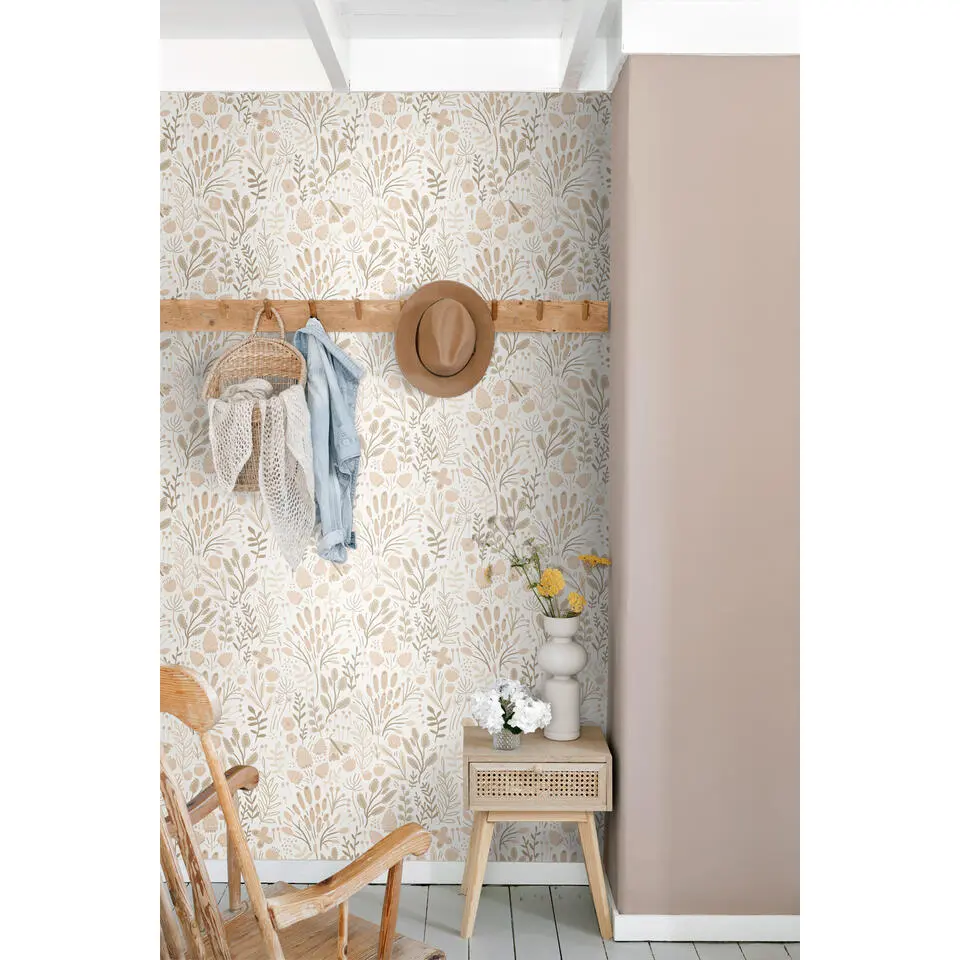 ESTAhome behang bladeren en bloemen wit en beige - 50 x 900 cm