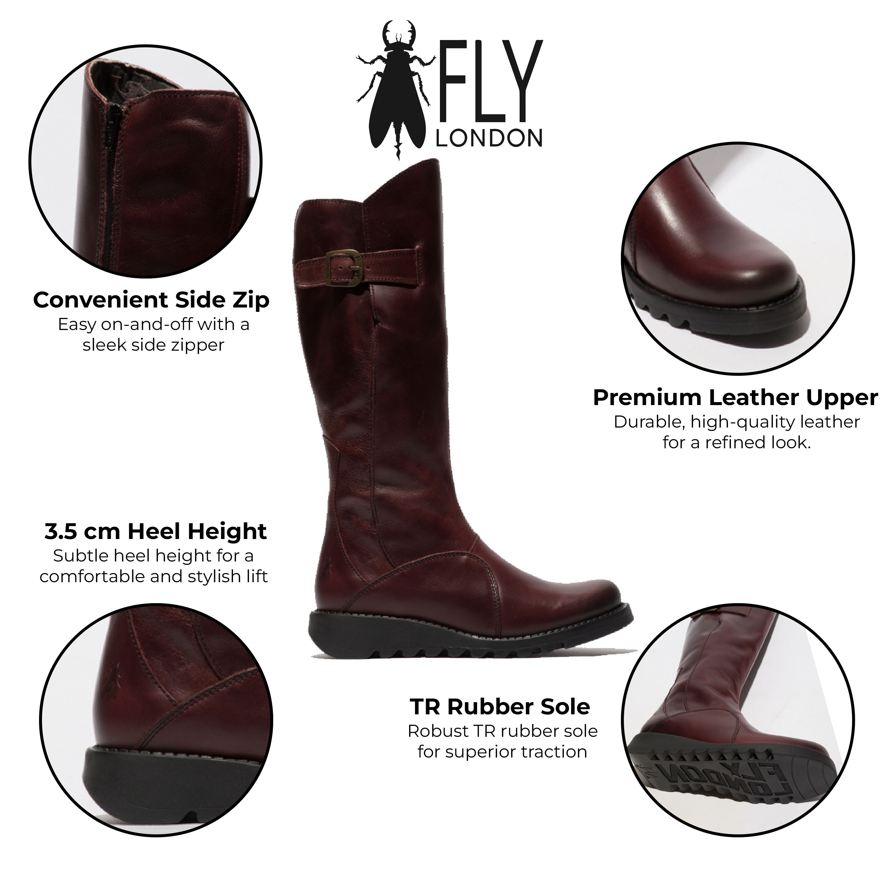 Infinity Leather Fly London MOL 2 Leather Wedge Heel Knee High Zip-Up Boots