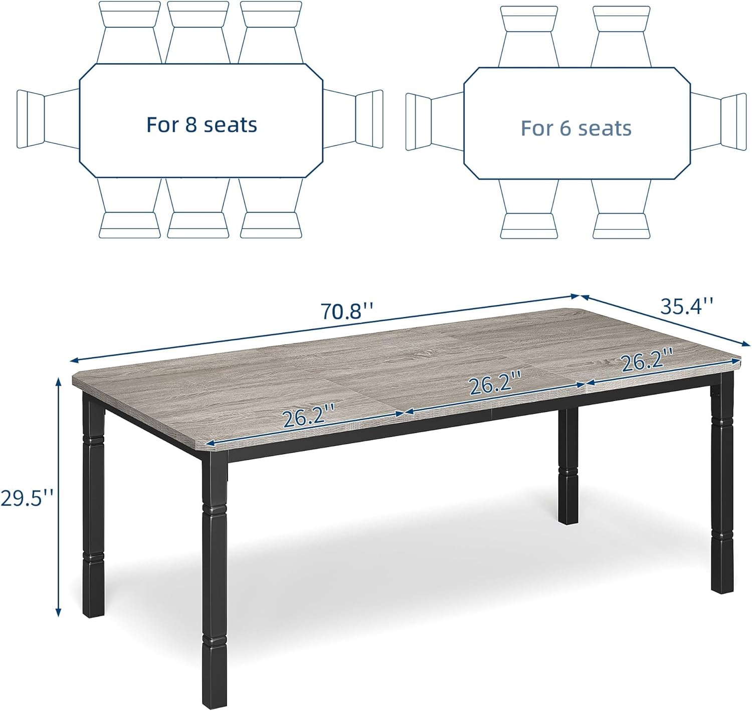 Garvee Large Dining Table for 6-8 People, 71 Wooden Kitchen Table with Sturdy Metal Frame, Dining Room Table for Dining Room, Kitchen, Black Leg & Grey
