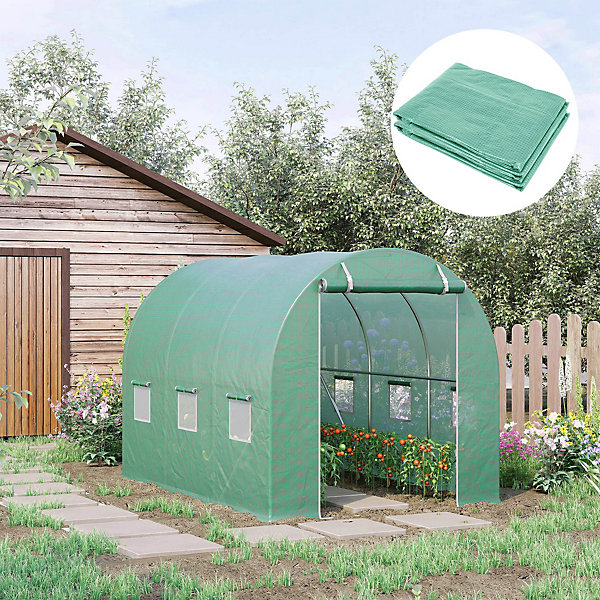 Bâche de rechange serre tunnel 6 m², bâche dim. 3L x 2l x 2H m PE anti-UV imperméable 6 fenêtres   porte enroulable zippée vert