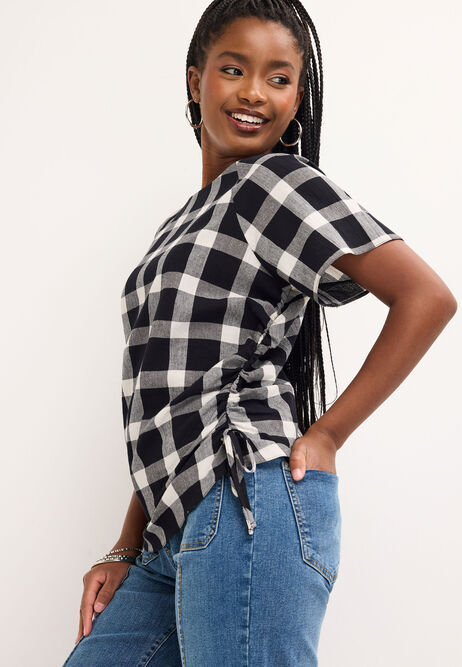 Womens Black & White Check Ruched Side Top