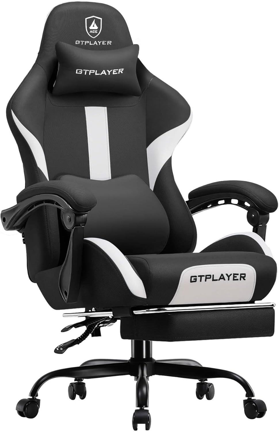GTPLAYER Gaming Chair Ergonomic Office Chair with Foot Rest & Pocket Spring Cushion, High Back Computer Desk Chair with Headrest & Lumbar Support, Breathable Fabric Game Chair for Adults, Coal-Black