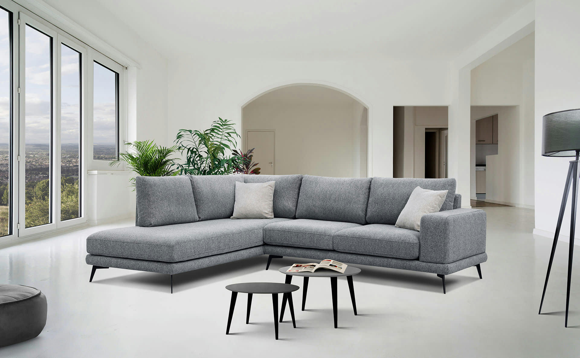 MEDIOLANE - Canapé d'angle gauche 5 places tissu gris