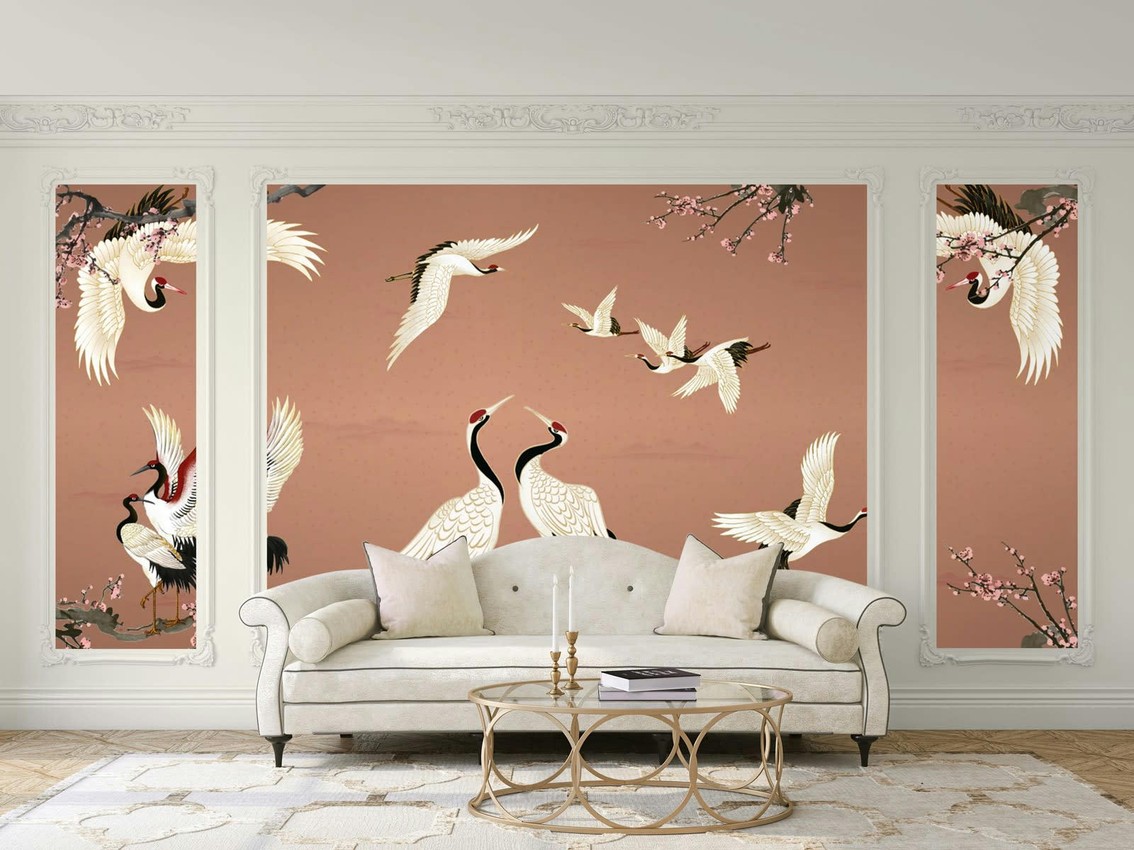 LA DANSE DES GRUES - Papier peint panoramique adhésif terracotta 350x250cm