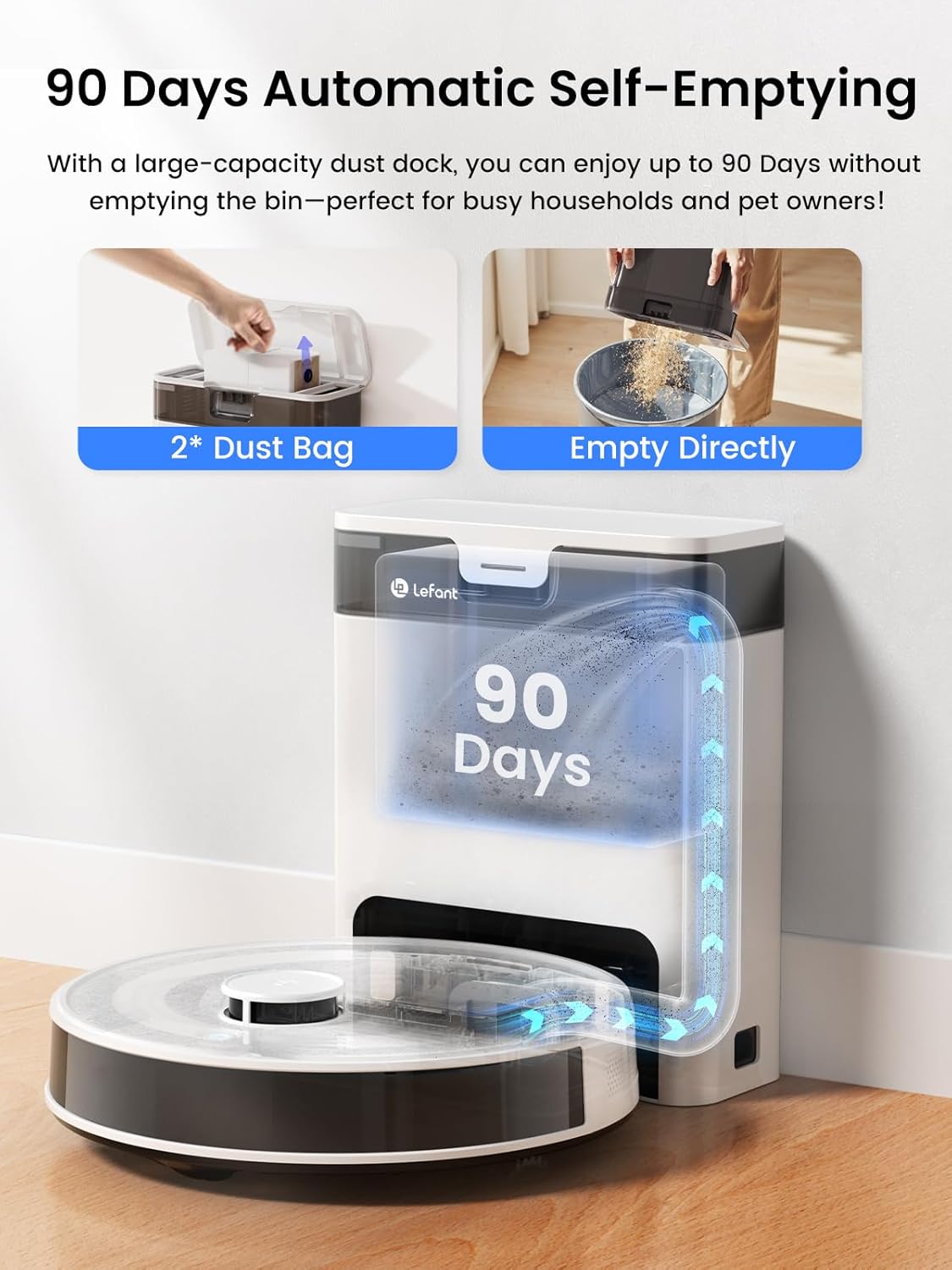 Lefant LiDAR Robot Vacuum and Mop, 90-Day Self-Emptying, 190° PSD Obstacle Avoidance, Customized Cleaning, Multi-Floor Mapping, 5500Pa Strong Suction, 140 Min Runtime, WiFi/Alexa/APP/iWatch, M2 Pro