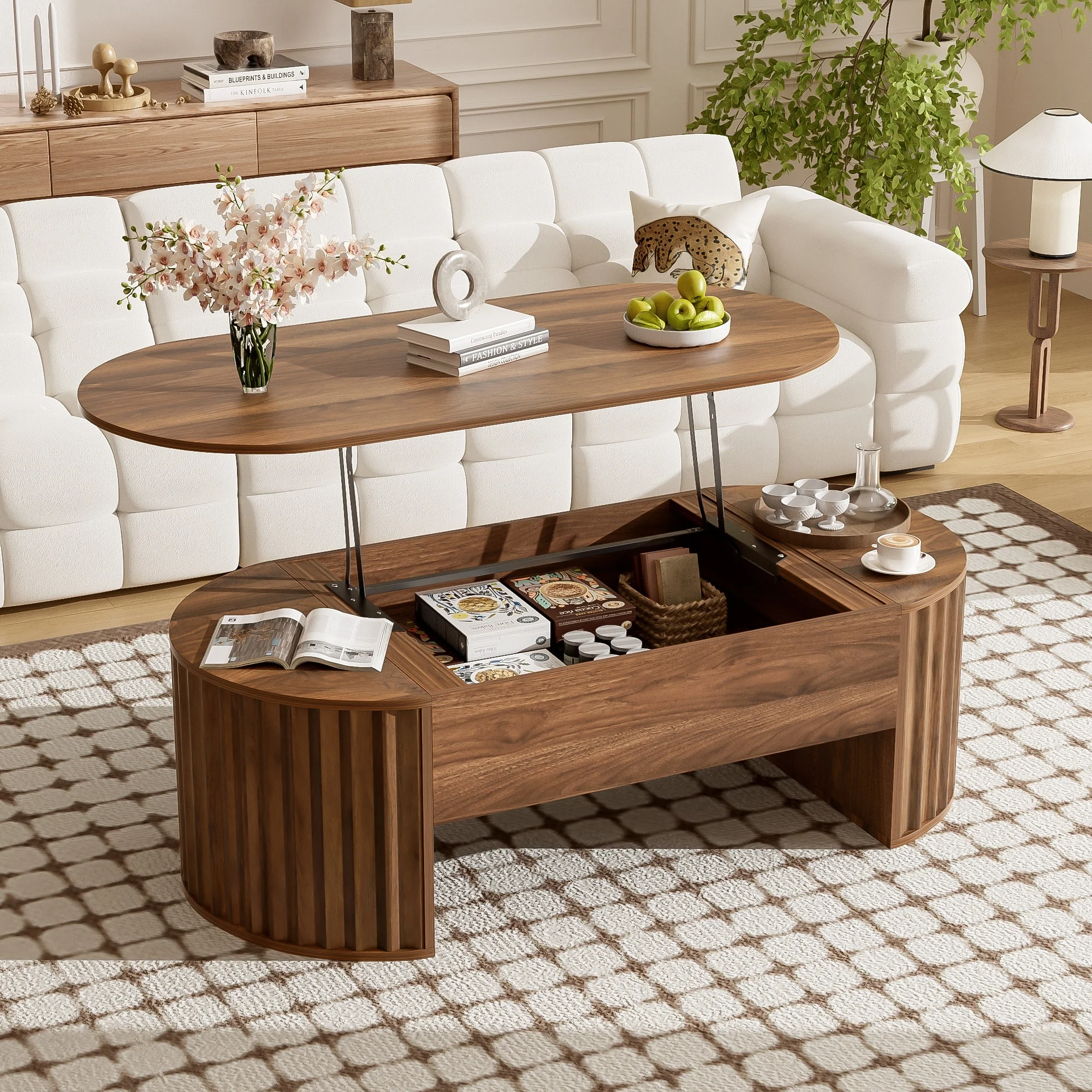 47.2'' Lift Top Coffee Table with Hidden Compartment, Wooden Center Table with Modern Oval Tabletop for Living Room