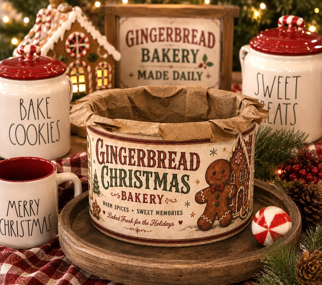 Gingerbread Christmas Bakery Can Decor | Hand Painted Vintage Style Christmas Tin