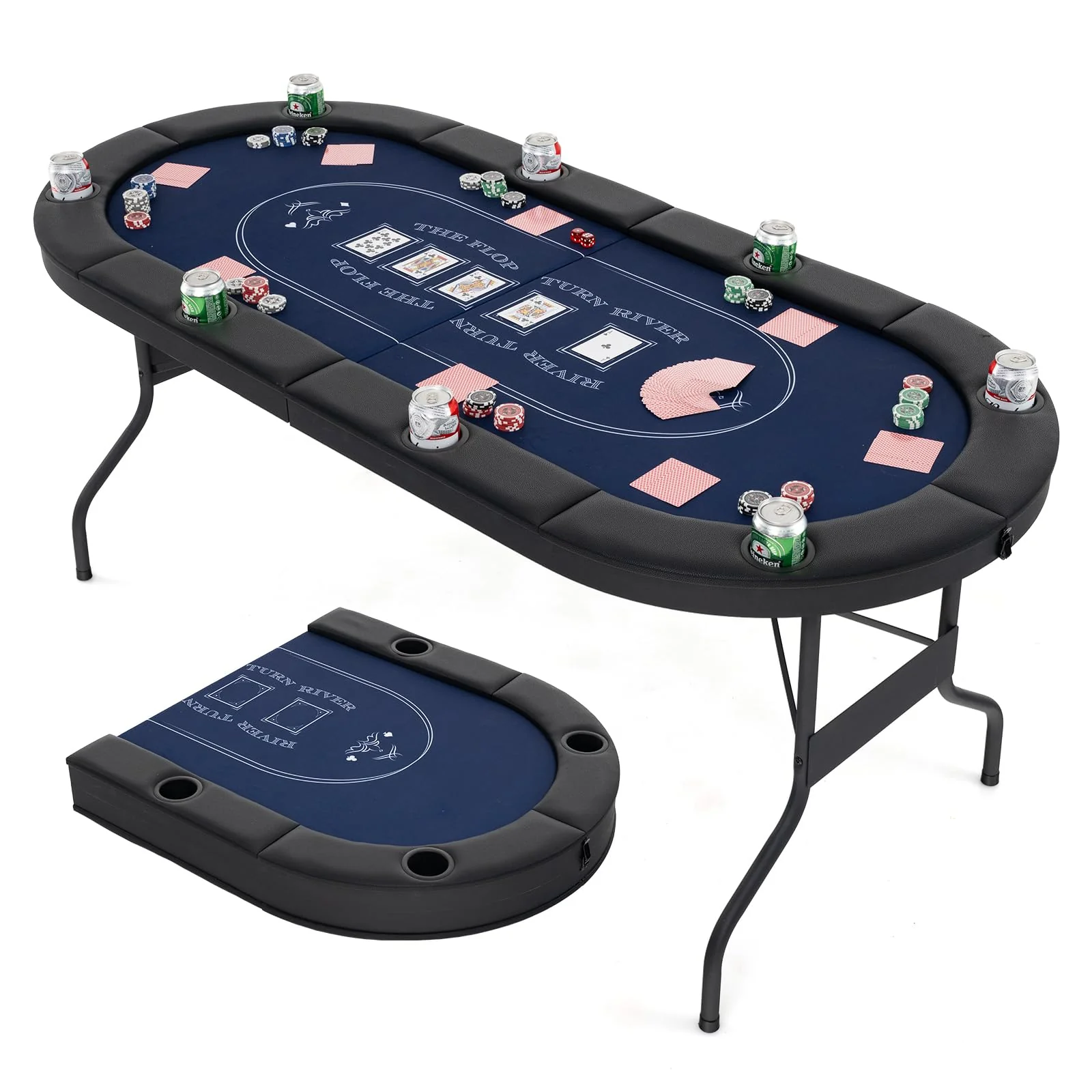 Poker Table Foldable, 8 Players Card Board Game Table w/Deep Metal Cup Holders(Blue)