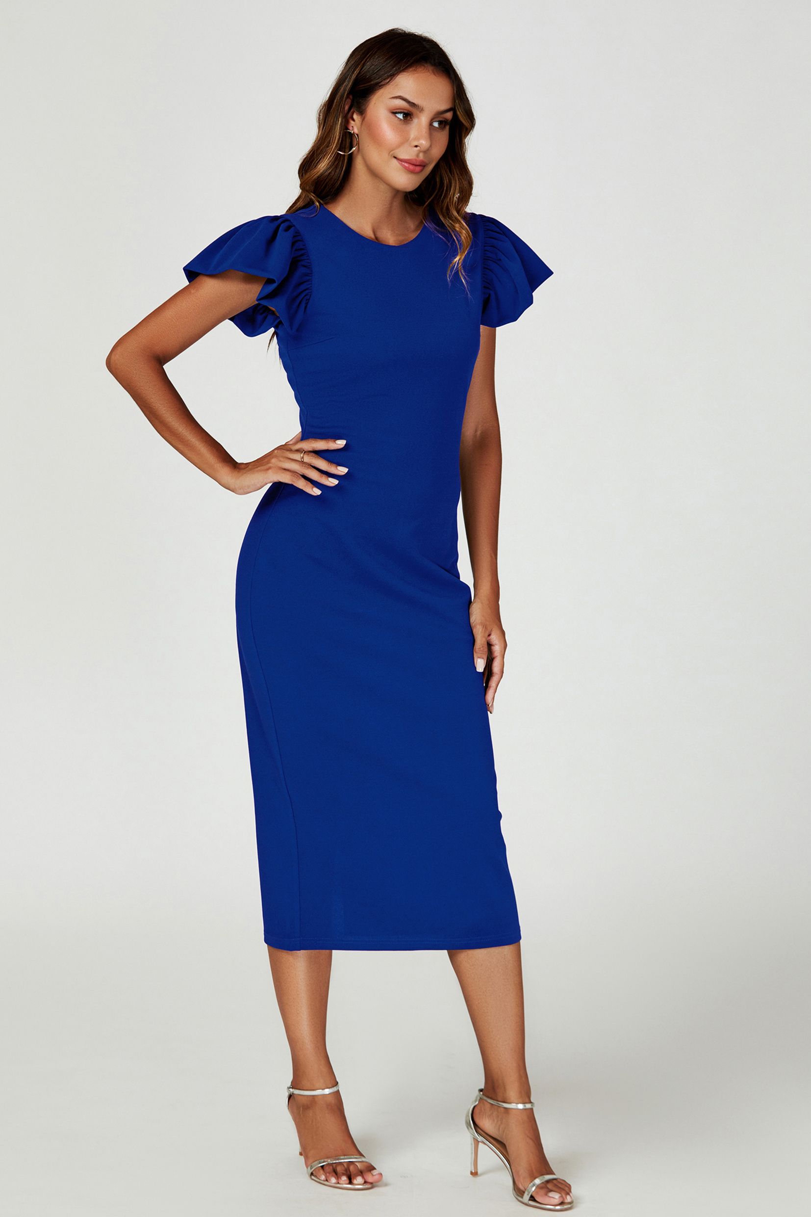 FS Collection Ruffle Sleeve Bodycon Midi Dress In Royal Blue