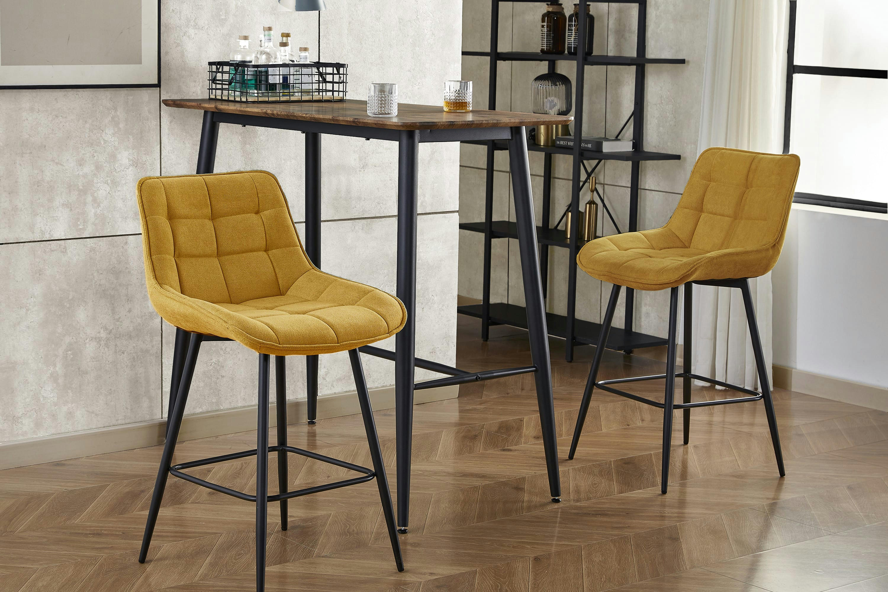 GRANT - Tabouret de bar en tissu Moutarde et métal noir (x4)